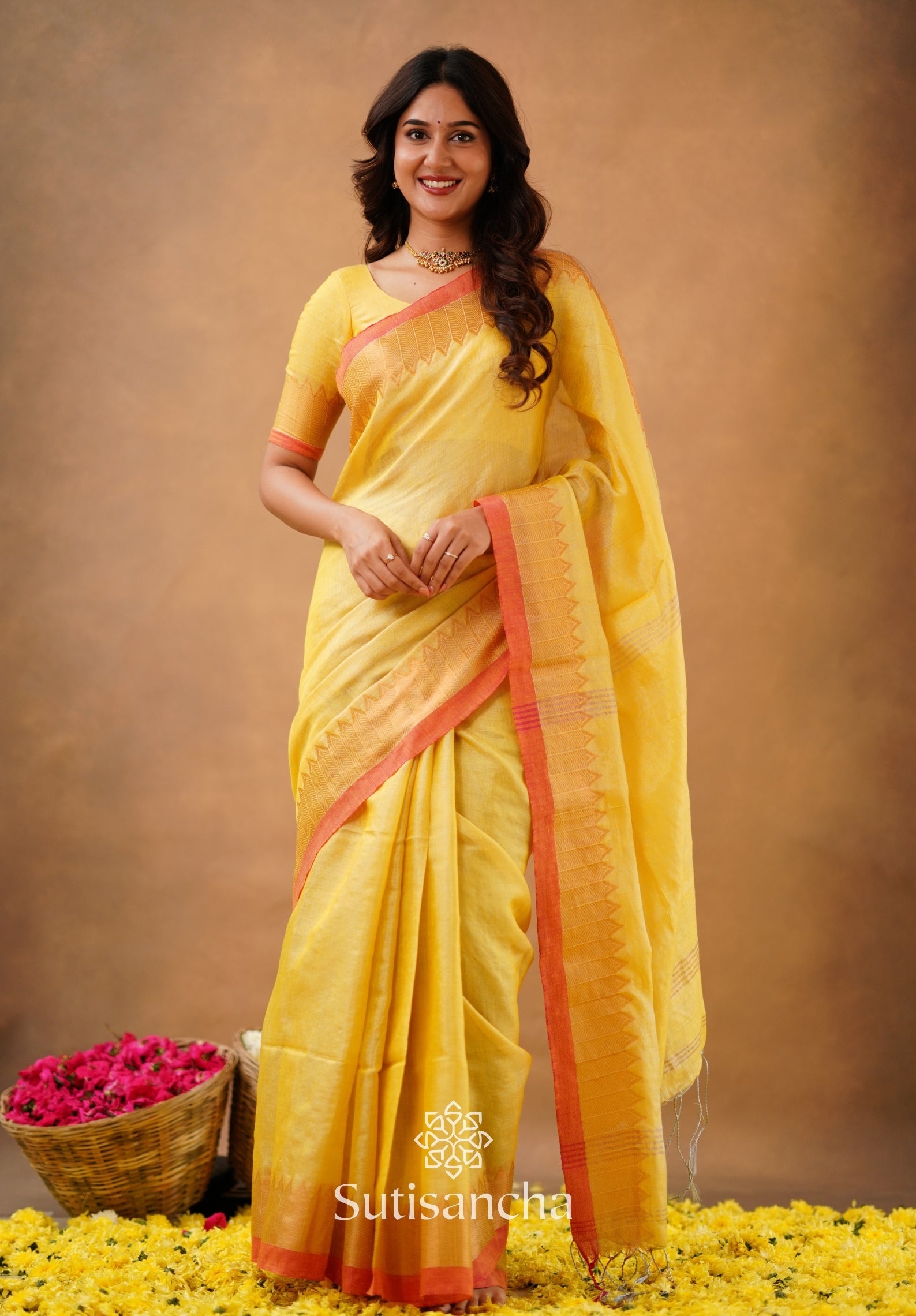 Sutisancha Yellow Handloom Cotton Designer Tissue Saree