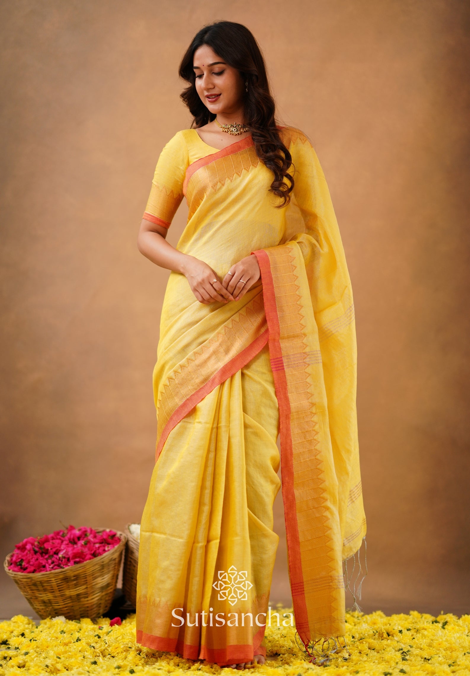 Sutisancha Yellow Handloom Cotton Designer Tissue Saree
