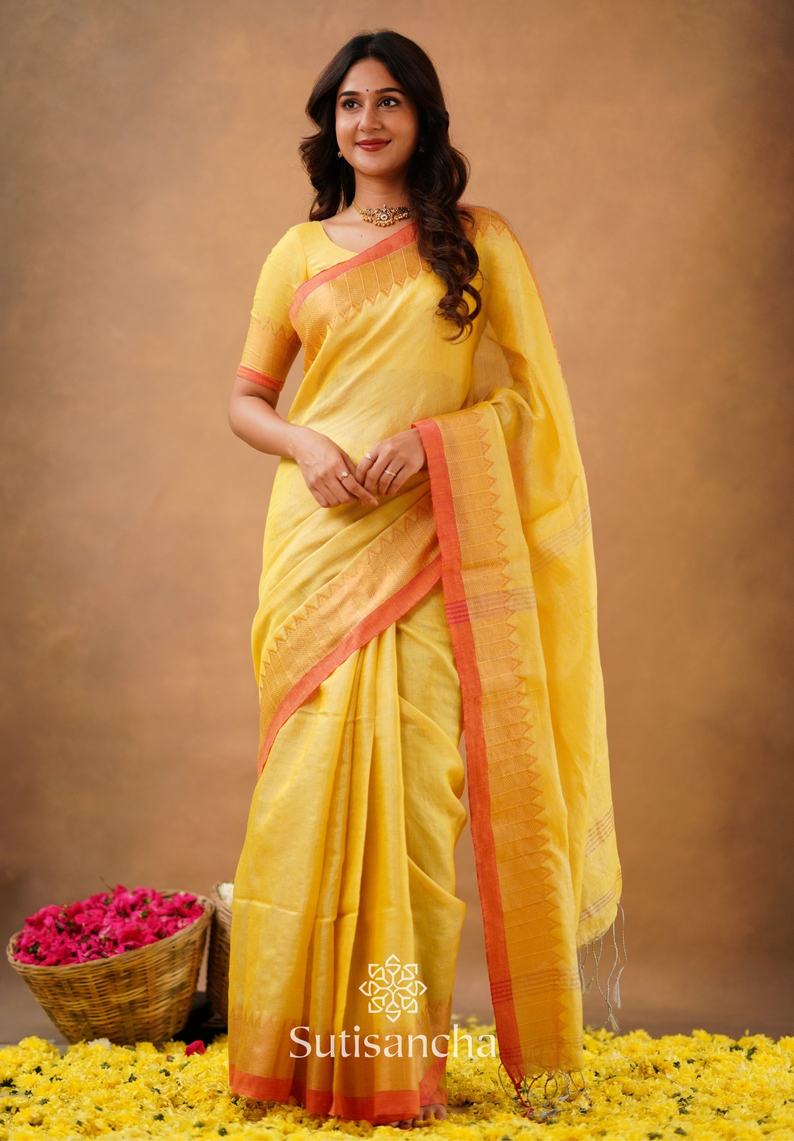 Sutisancha Yellow Handloom Cotton Designer Tissue Saree