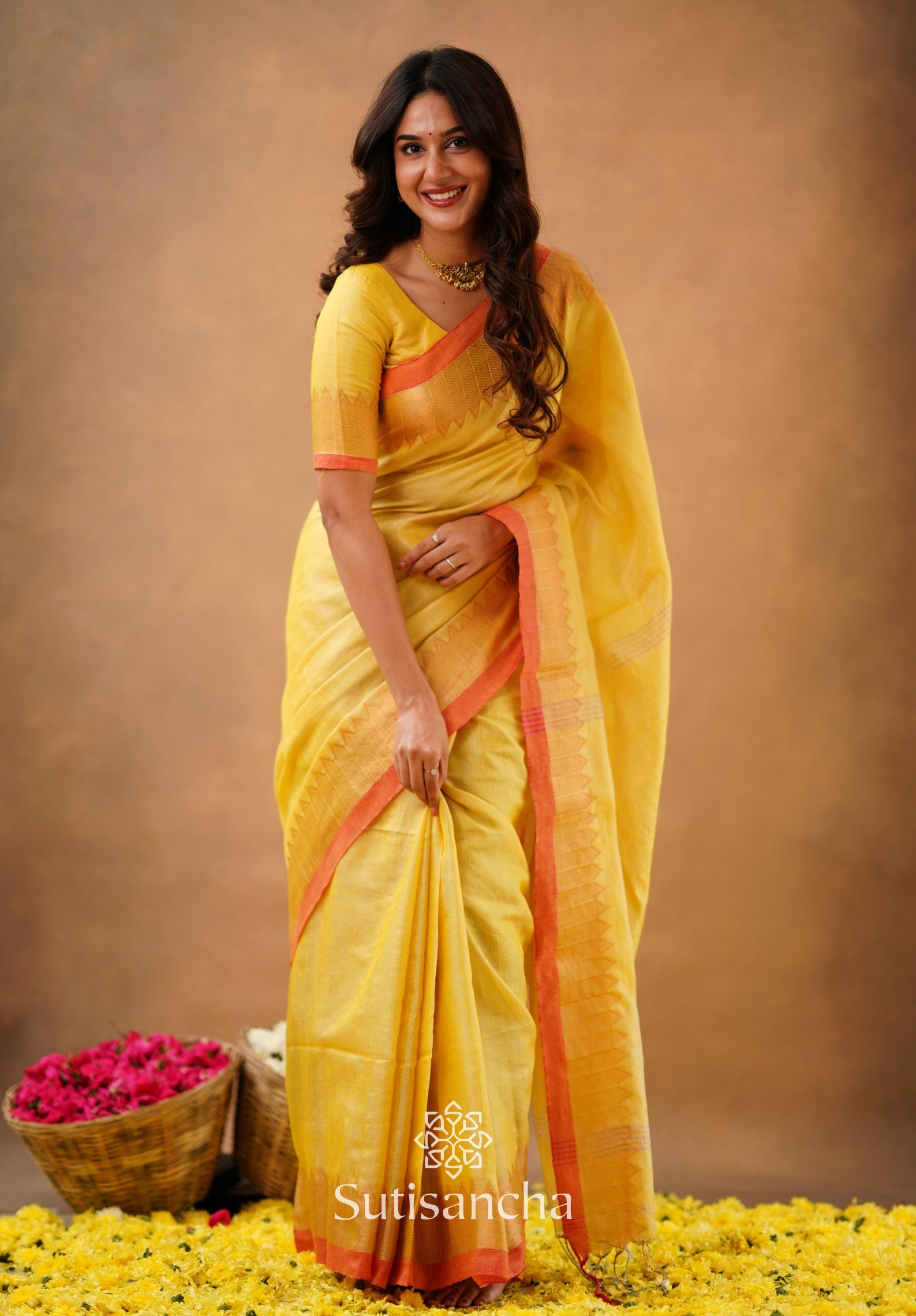 Sutisancha Yellow Handloom Cotton Designer Tissue Saree