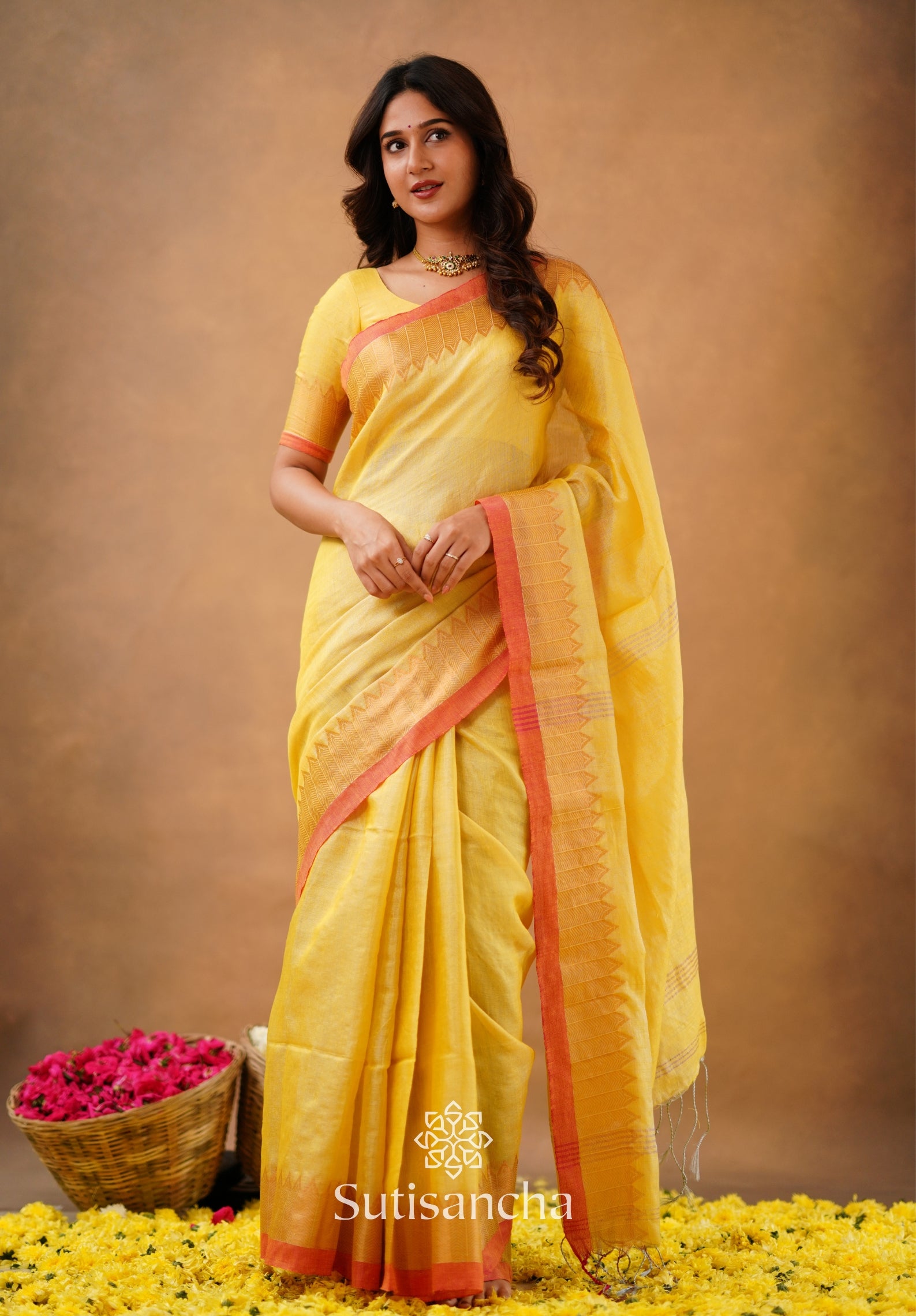 Sutisancha Yellow Handloom Cotton Designer Tissue Saree