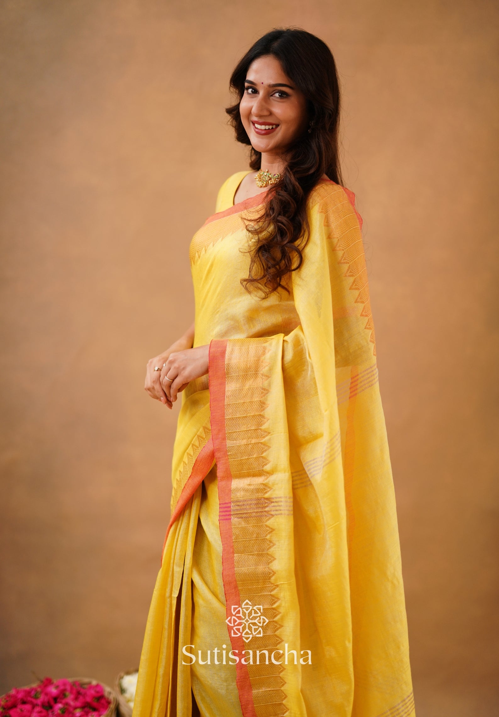 Sutisancha Yellow Handloom Cotton Designer Tissue Saree