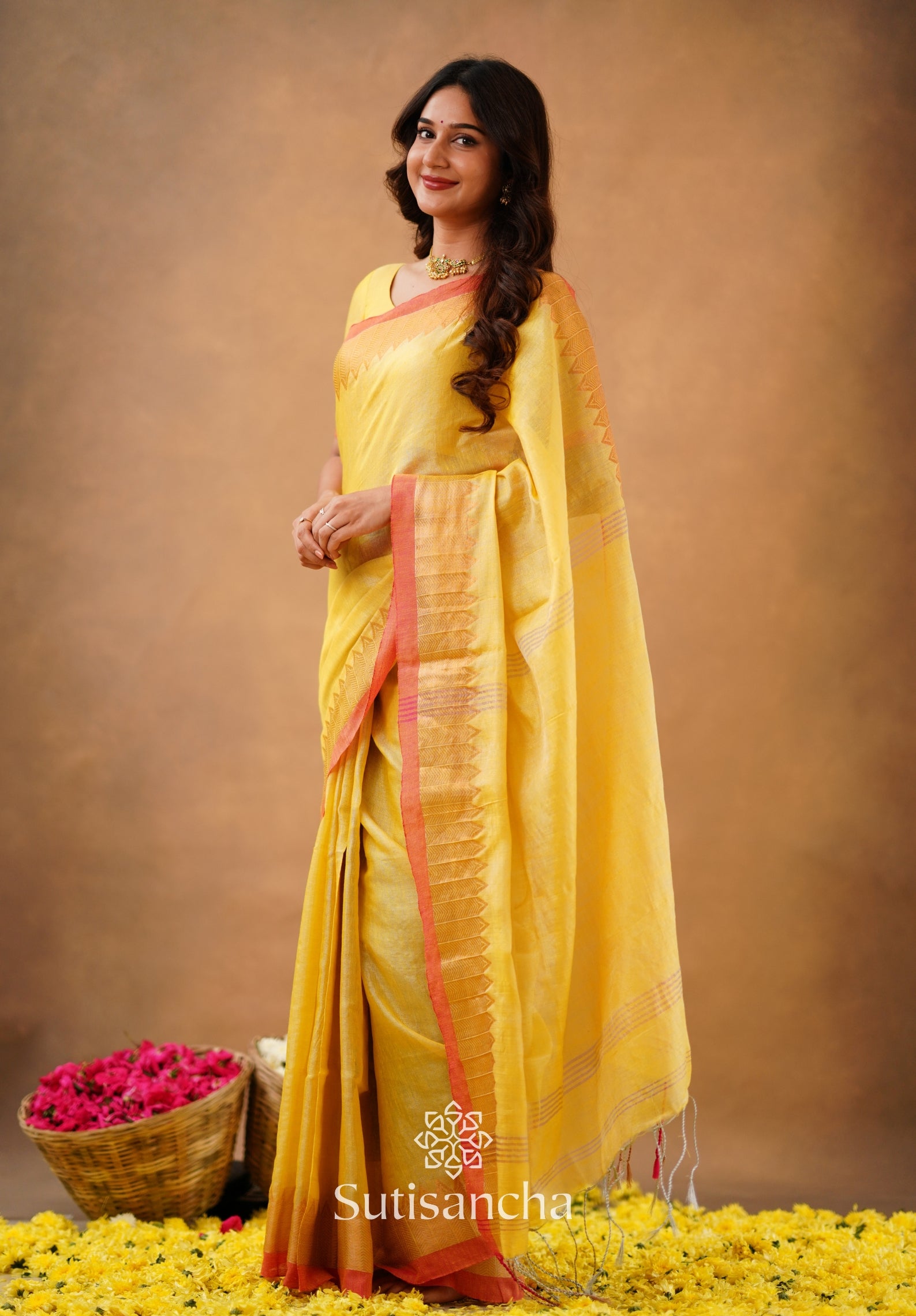 Sutisancha Yellow Handloom Cotton Designer Tissue Saree