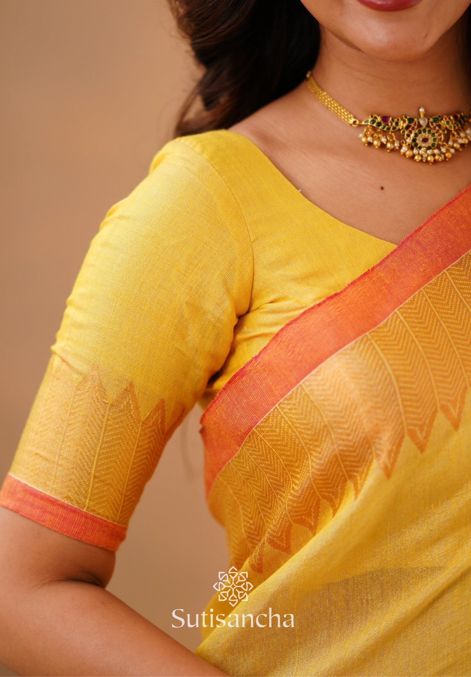 Sutisancha Yellow Handloom Cotton Designer Tissue Saree