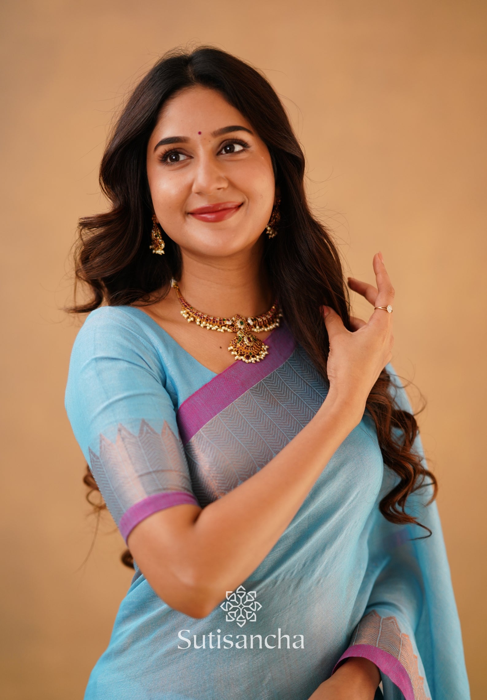 Sutisancha Aqua Sky Handloom Cotton Designer Tissue Saree