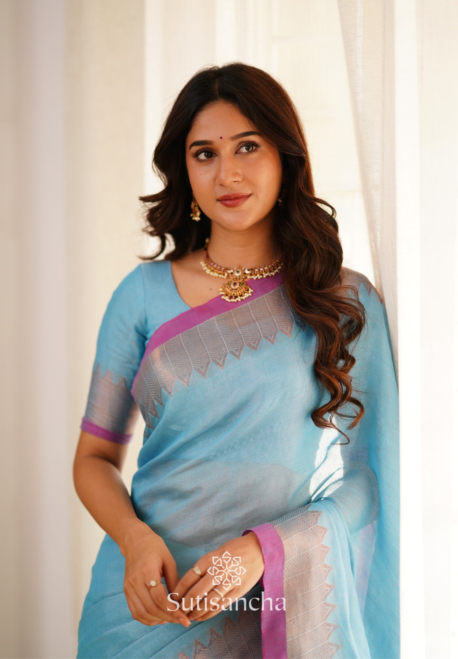 Sutisancha Aqua Sky Handloom Cotton Designer Tissue Saree