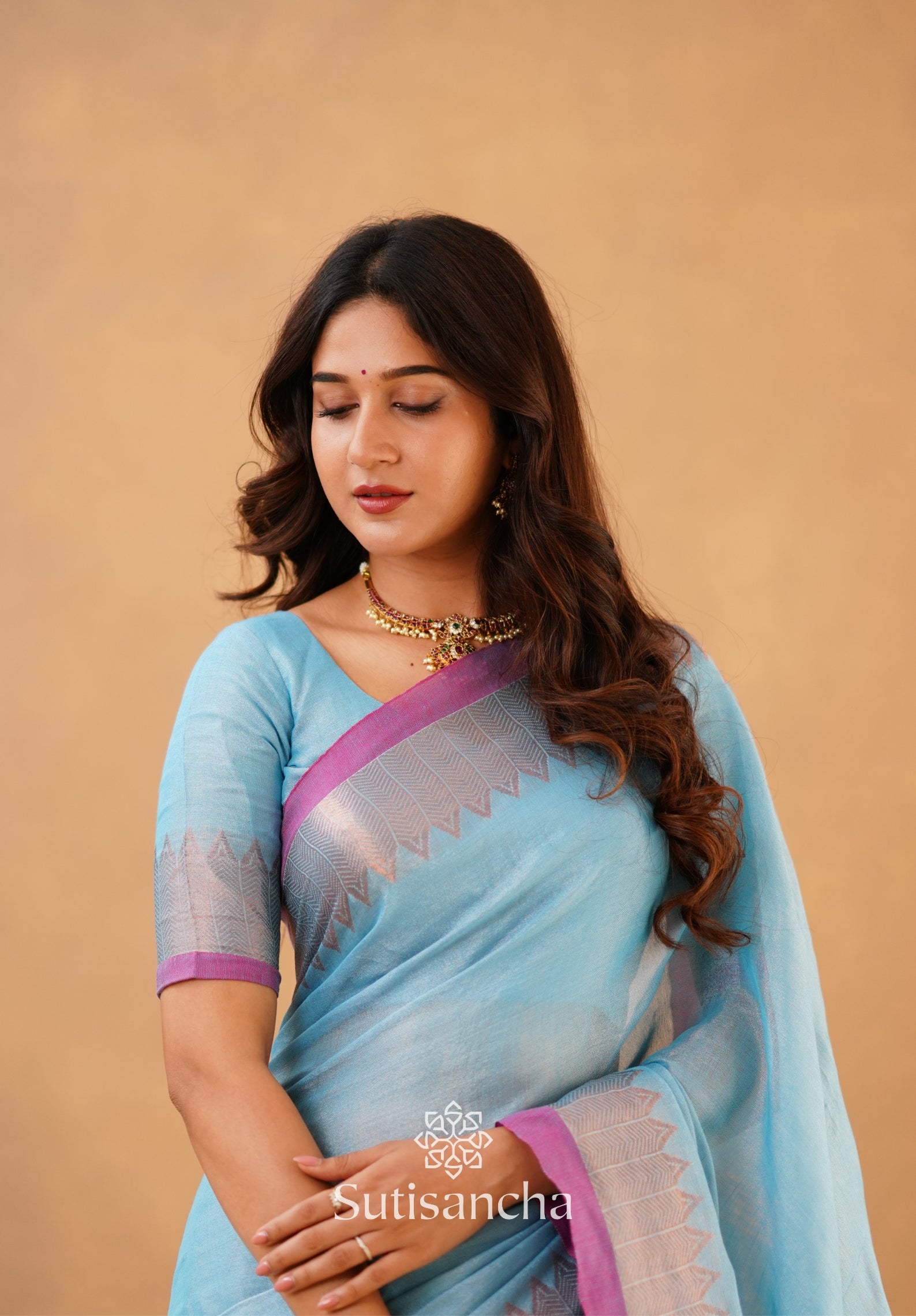 Sutisancha Aqua Sky Handloom Cotton Designer Tissue Saree