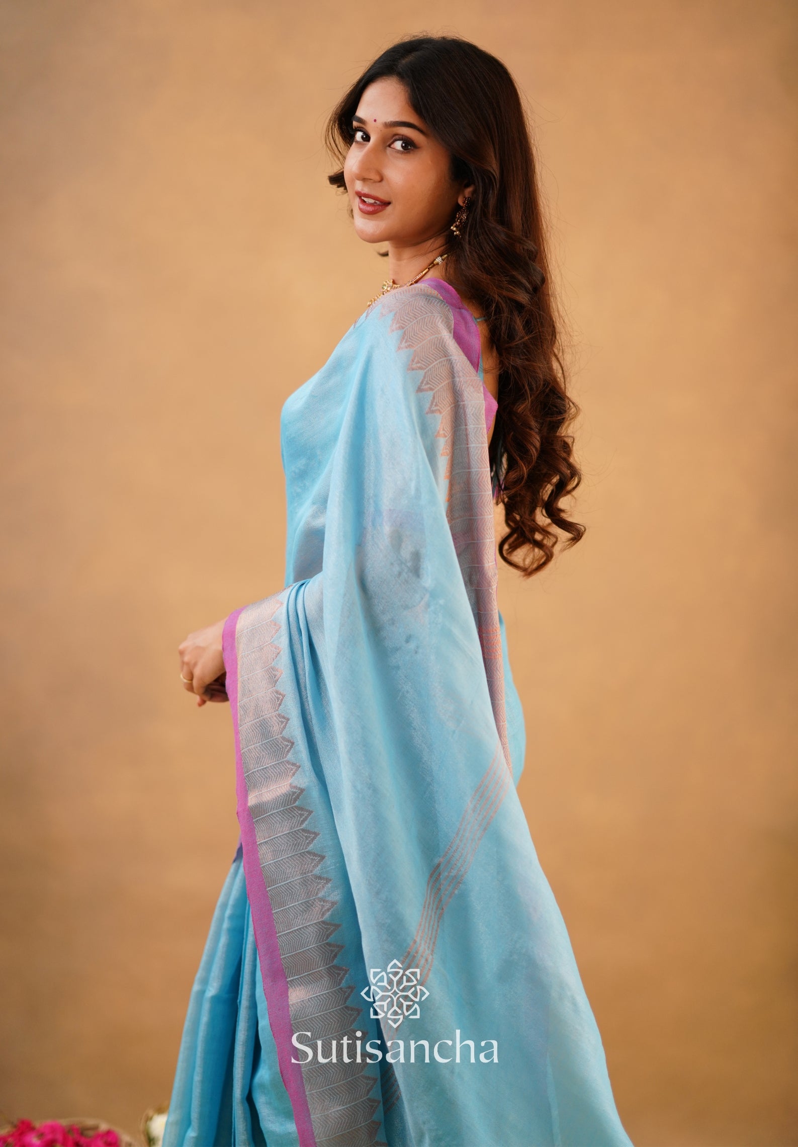 Sutisancha Aqua Sky Handloom Cotton Designer Tissue Saree