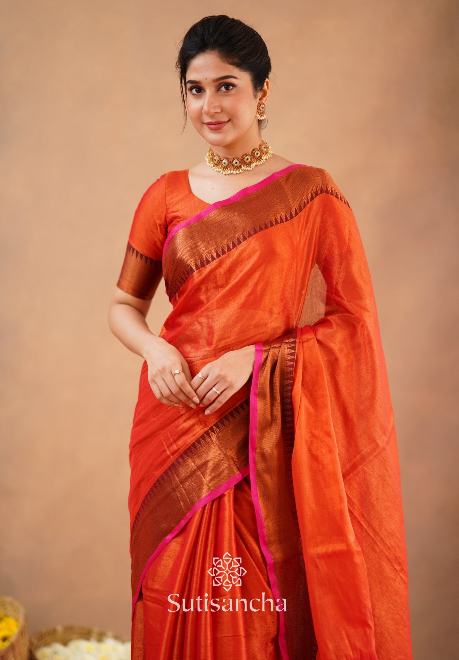 Sutisancha Orange Handloom Cotton Tissue Saree