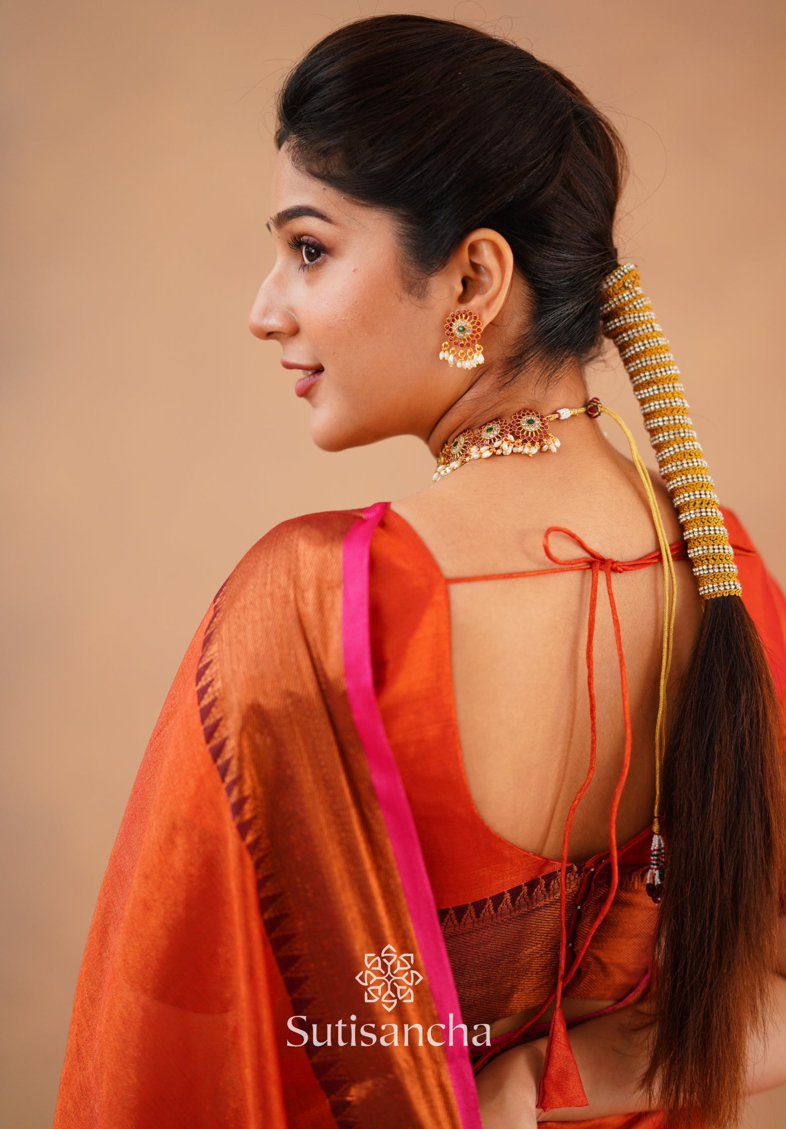 Sutisancha Orange Handloom Cotton Tissue Saree