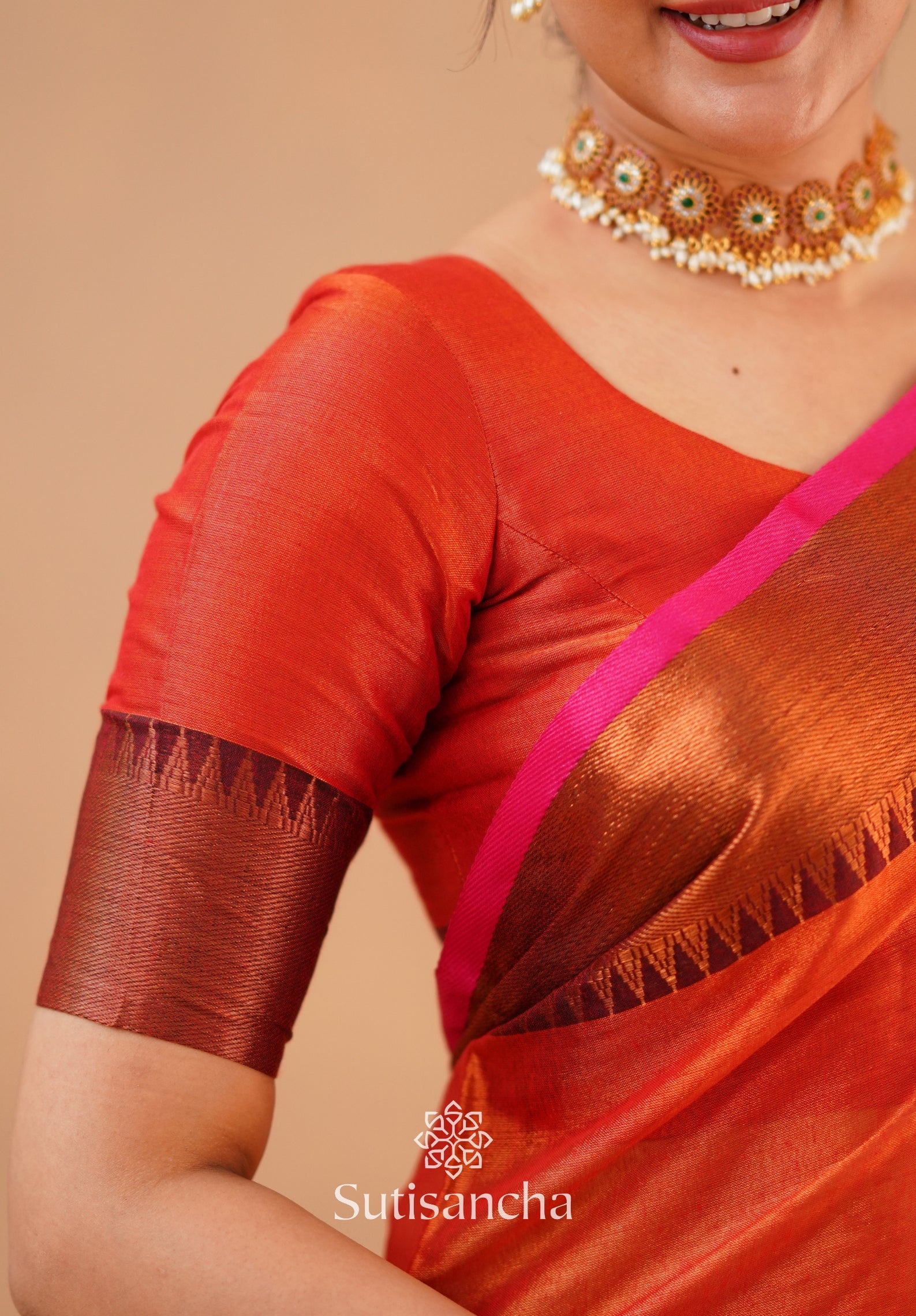 Sutisancha Orange Handloom Cotton Tissue Saree