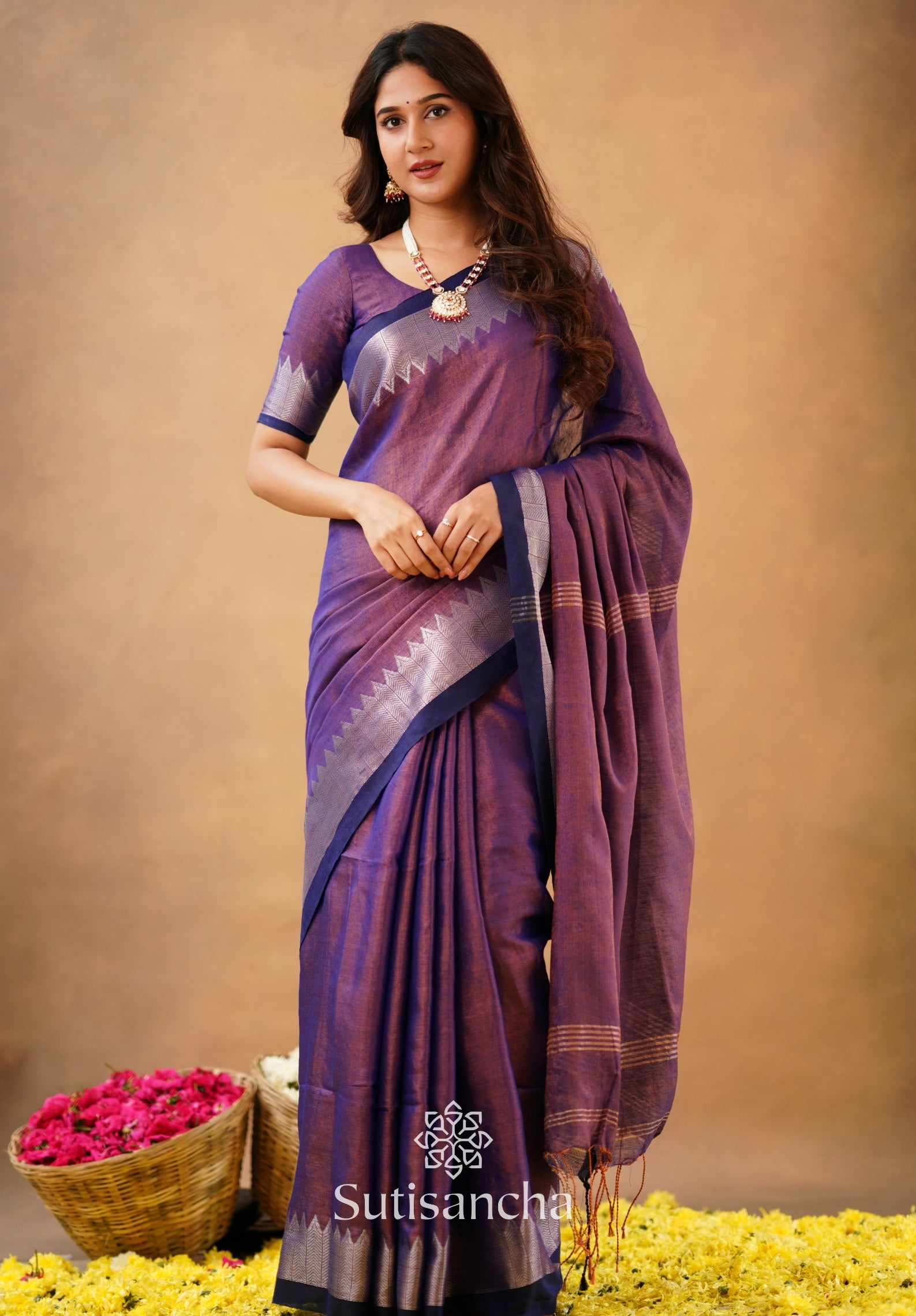 Sutisancha Purple Handloom Cotton Designer Tissue Saree