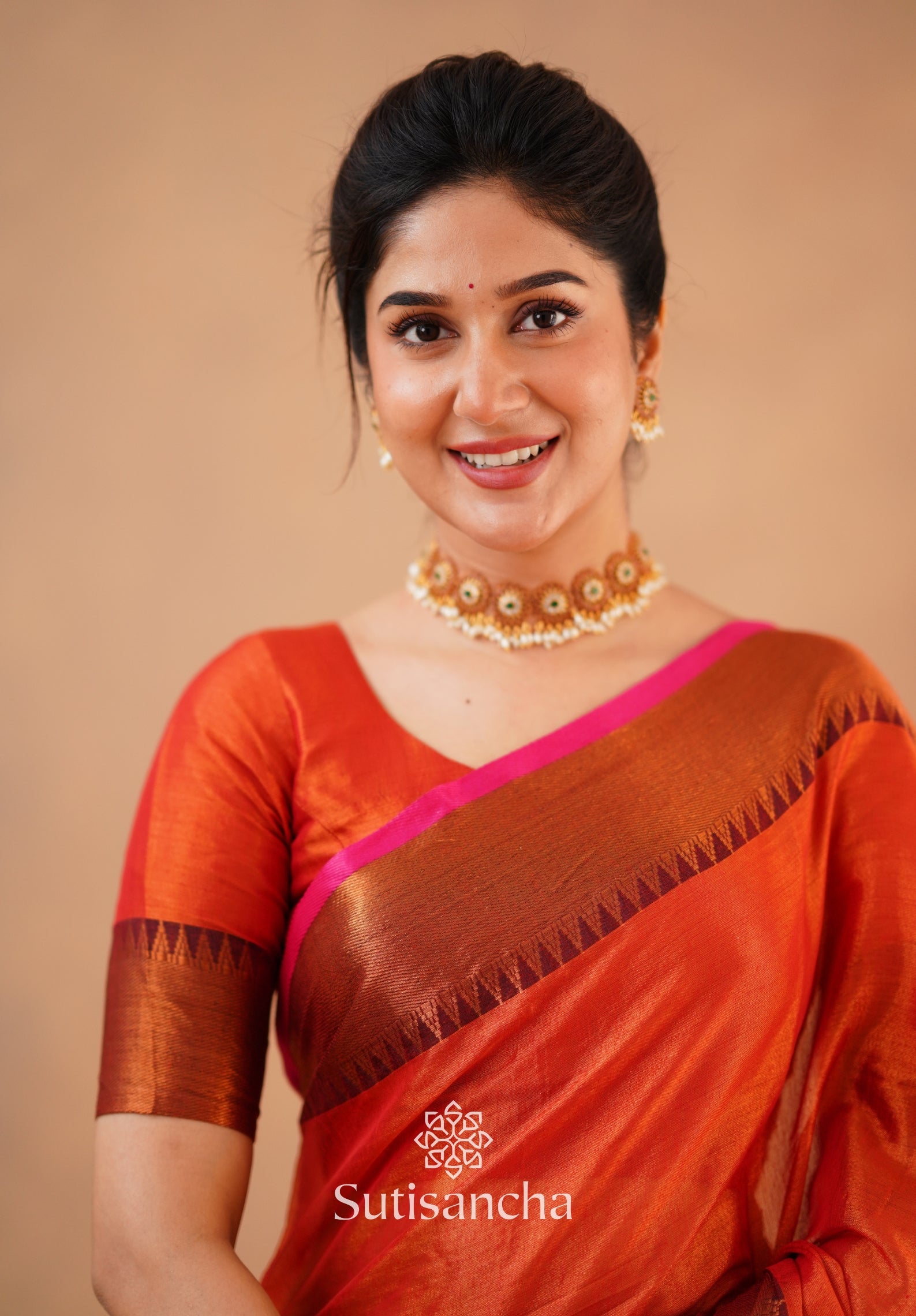 Sutisancha Orange Handloom Cotton Tissue Saree