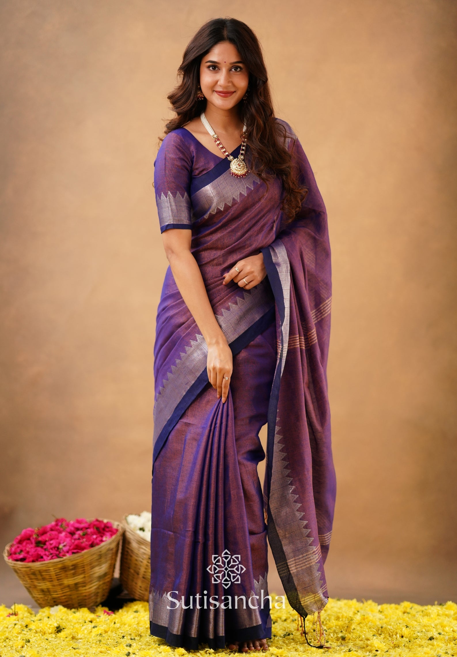 Sutisancha Purple Handloom Cotton Designer Tissue Saree