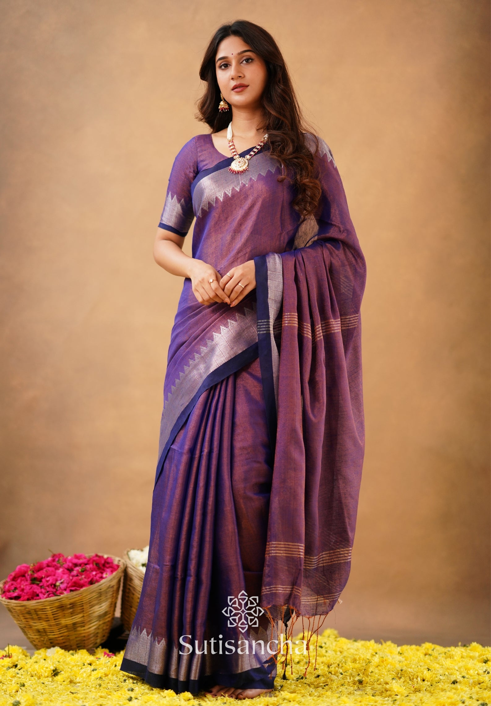 Sutisancha Purple Handloom Cotton Designer Tissue Saree