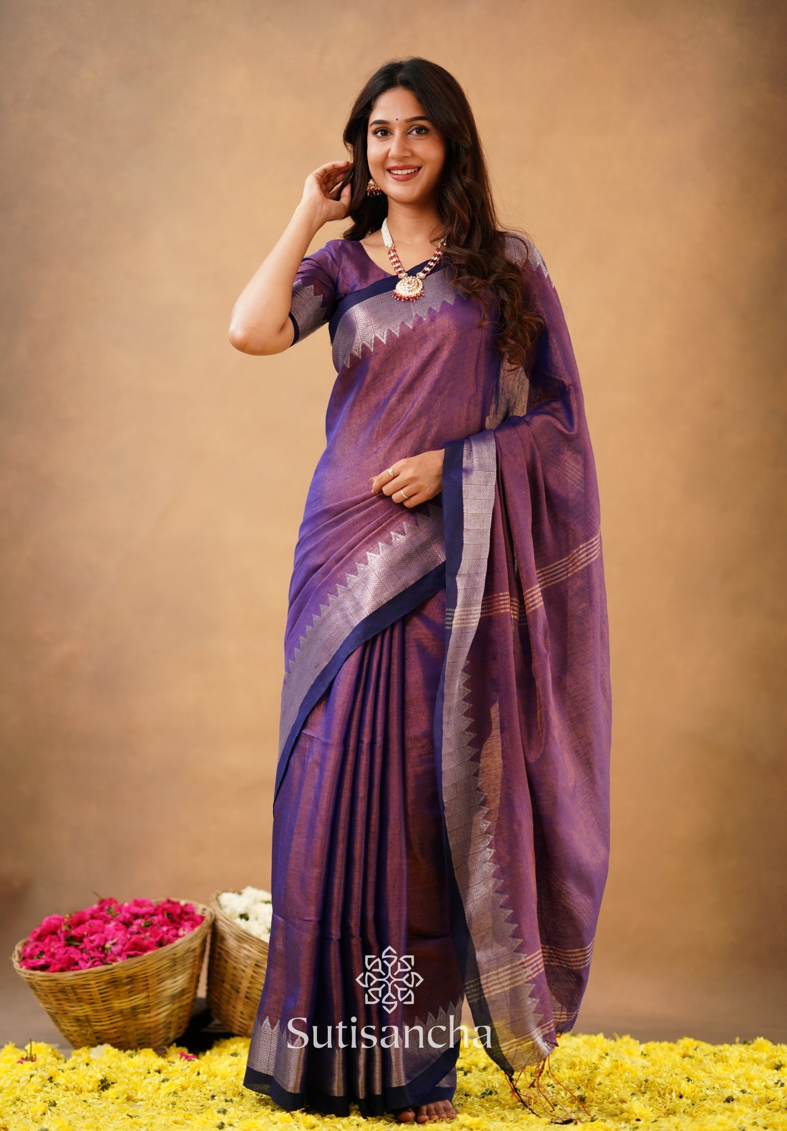 Sutisancha Purple Handloom Cotton Designer Tissue Saree