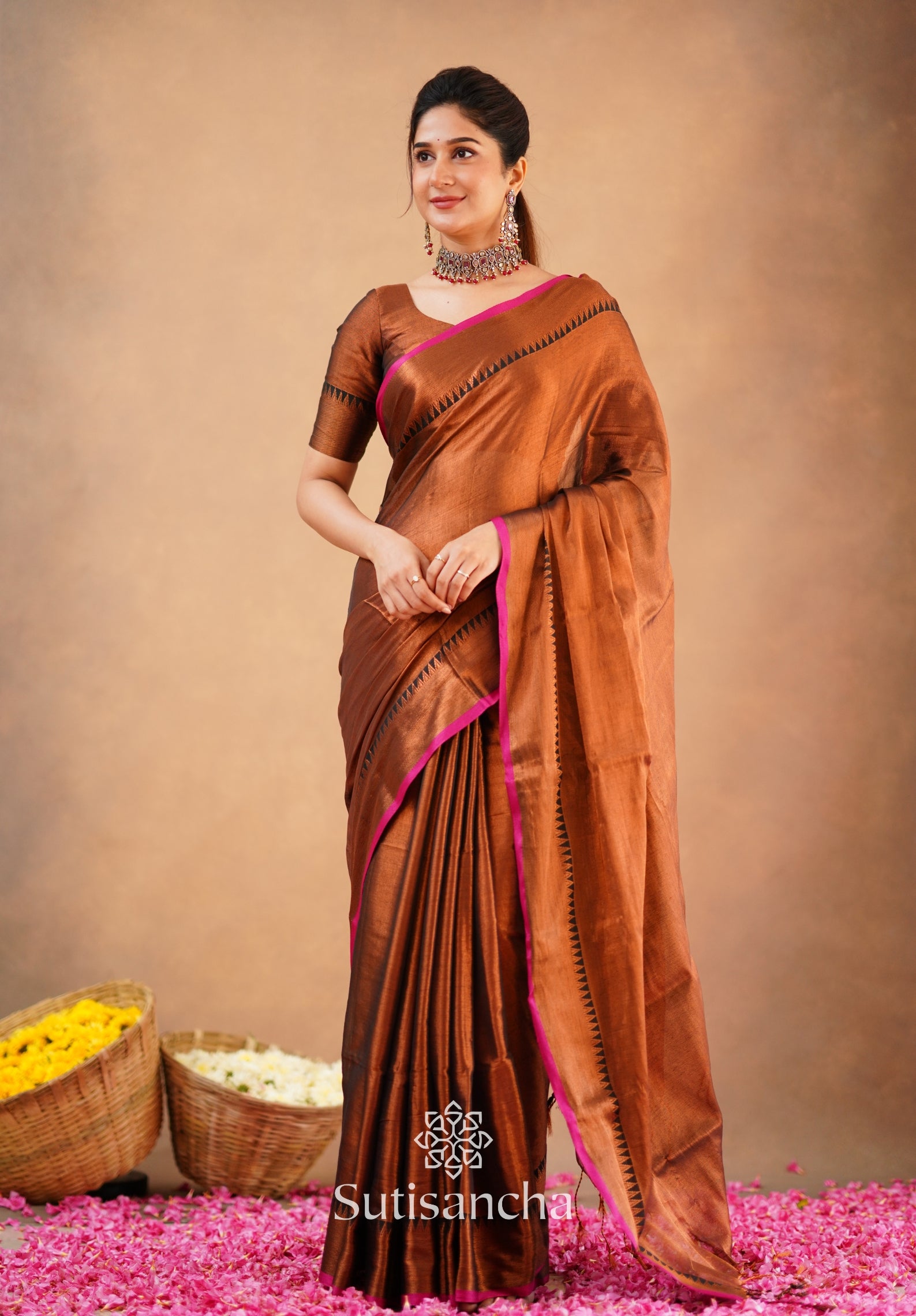 Sutisancha Copper Handloom Cotton Tissue Saree