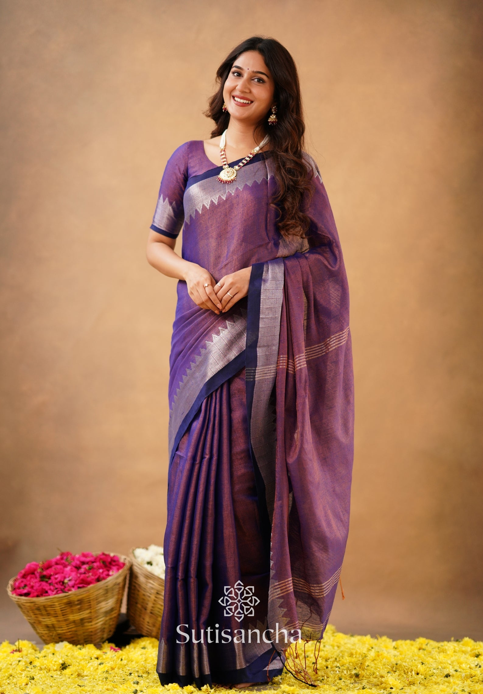 Sutisancha Purple Handloom Cotton Designer Tissue Saree