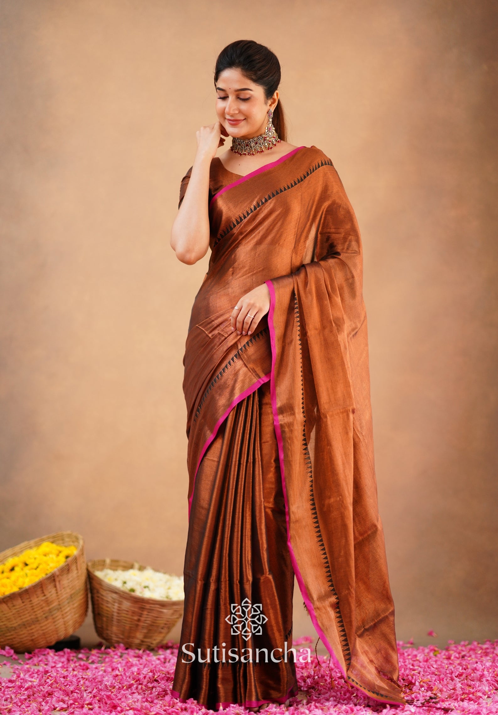 Sutisancha Copper Handloom Cotton Tissue Saree