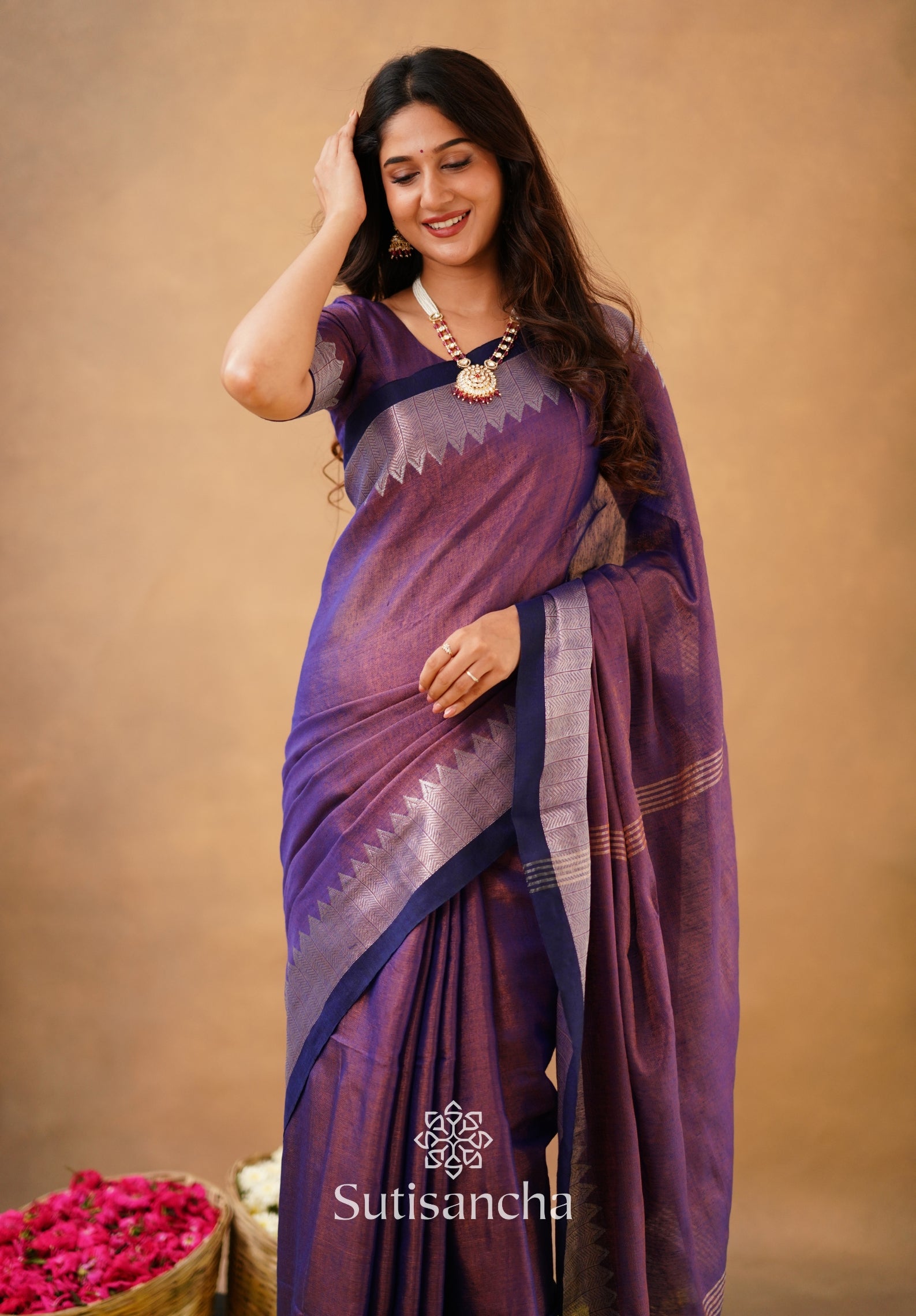 Sutisancha Purple Handloom Cotton Designer Tissue Saree