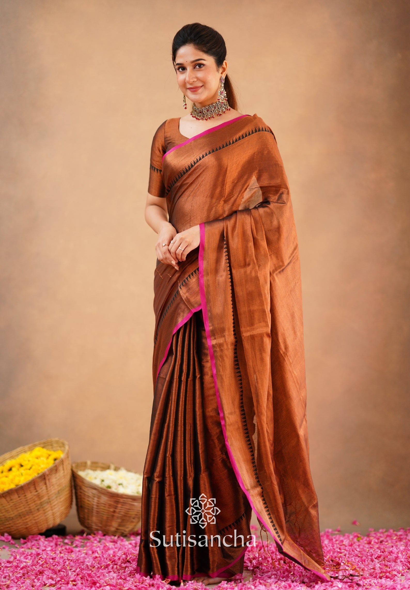 Sutisancha Copper Handloom Cotton Tissue Saree