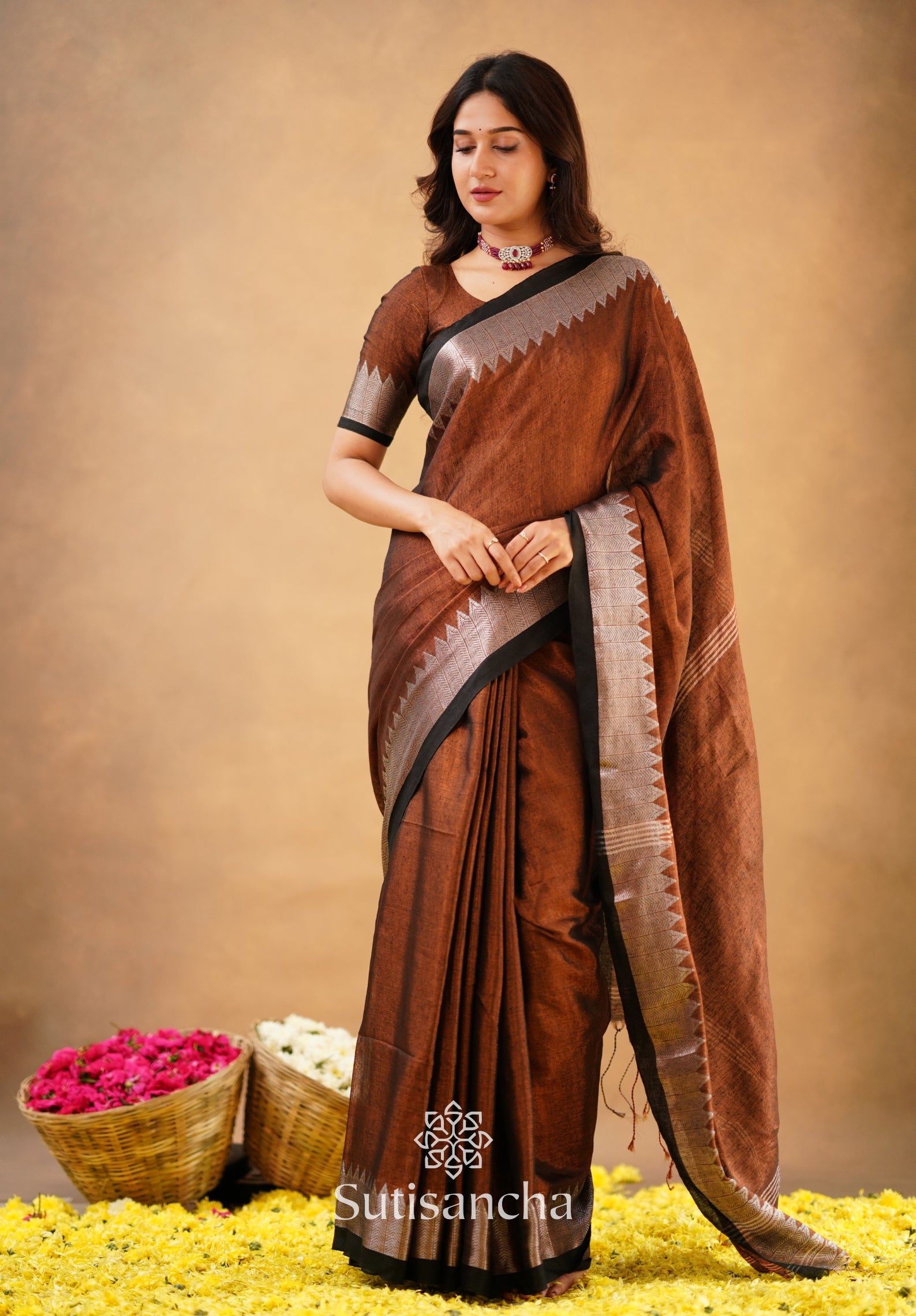 Sutisancha Copper Handloom Cotton Designer Tissue Saree