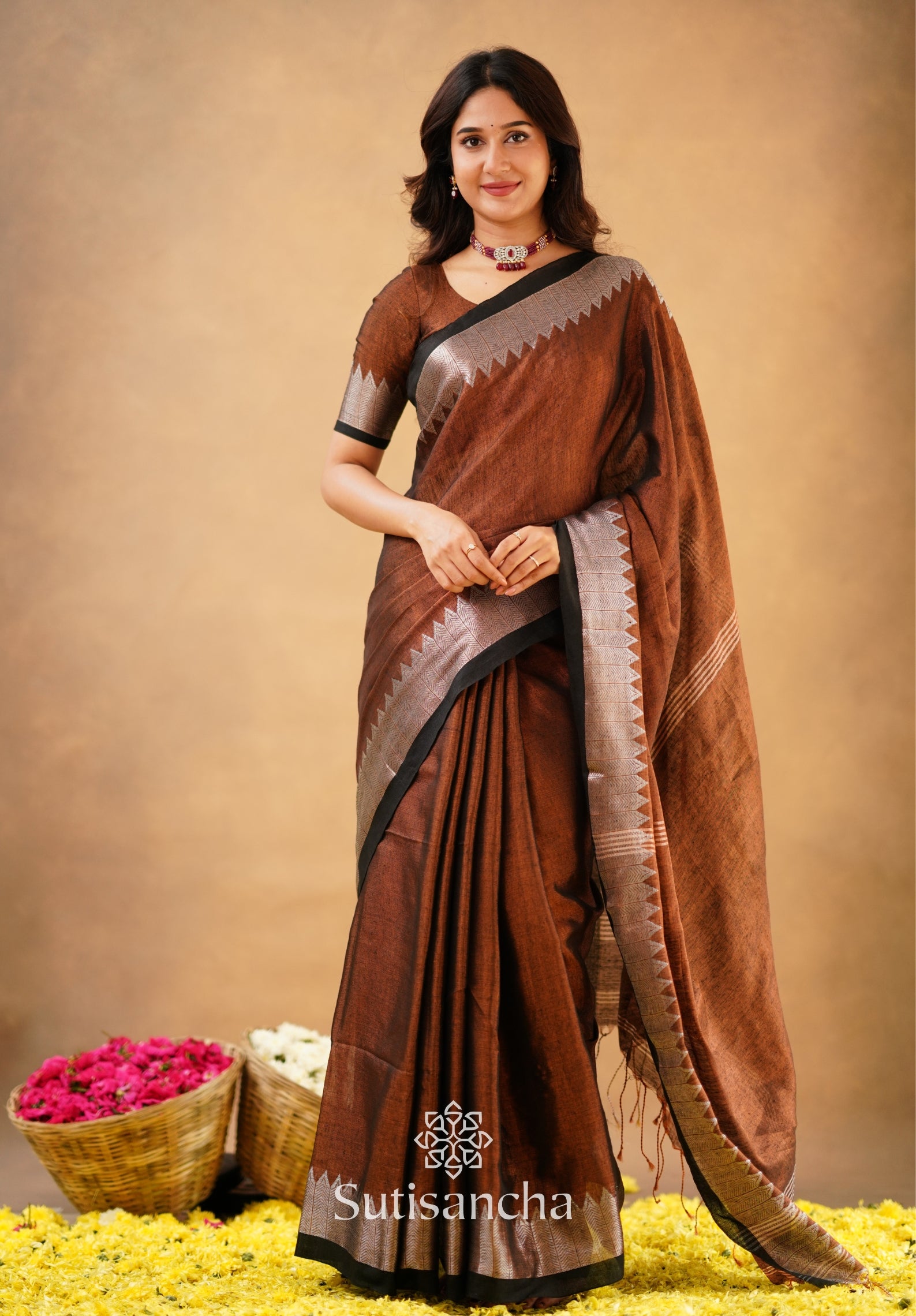 Sutisancha Copper Handloom Cotton Designer Tissue Saree