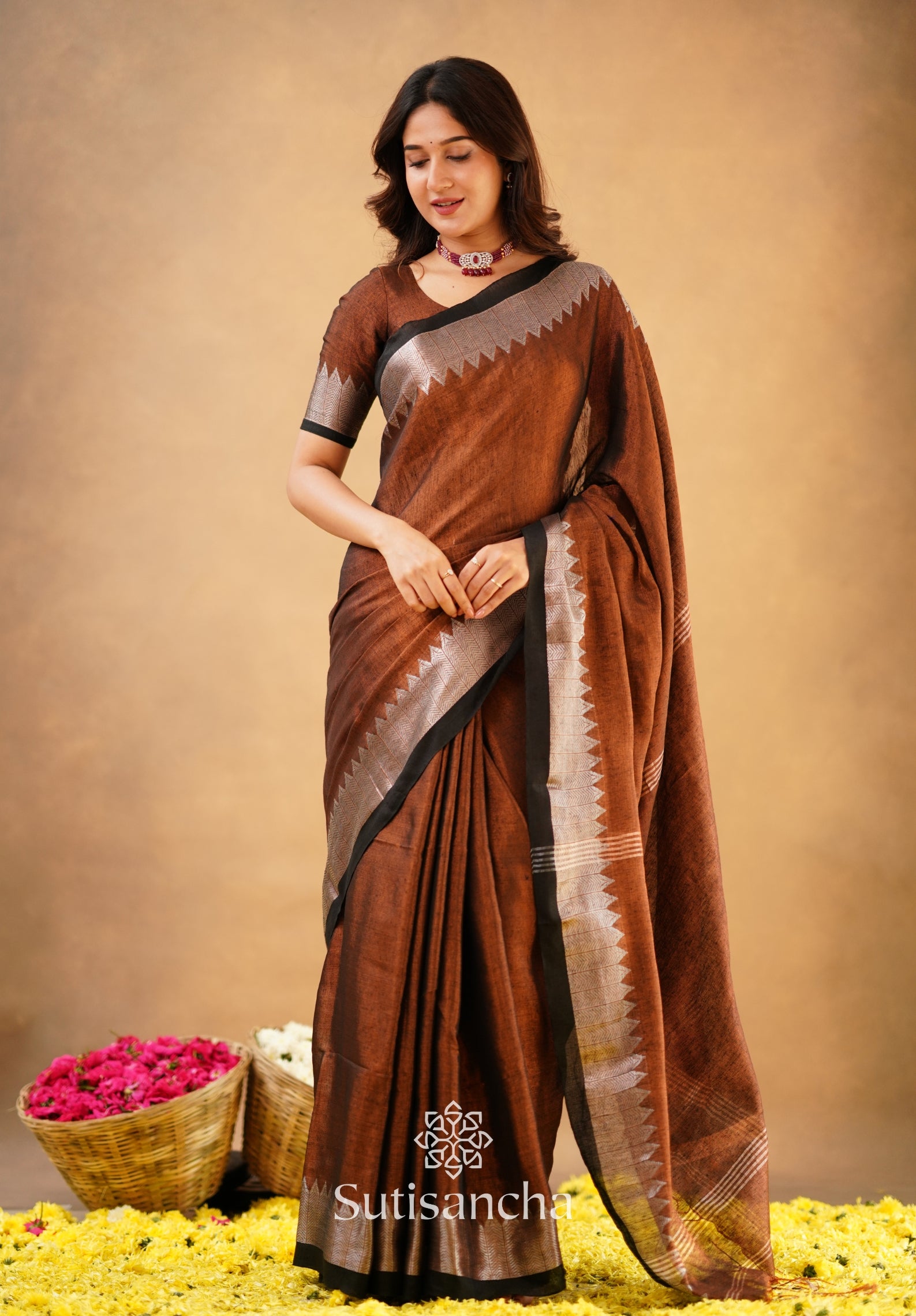 Sutisancha Copper Handloom Cotton Designer Tissue Saree