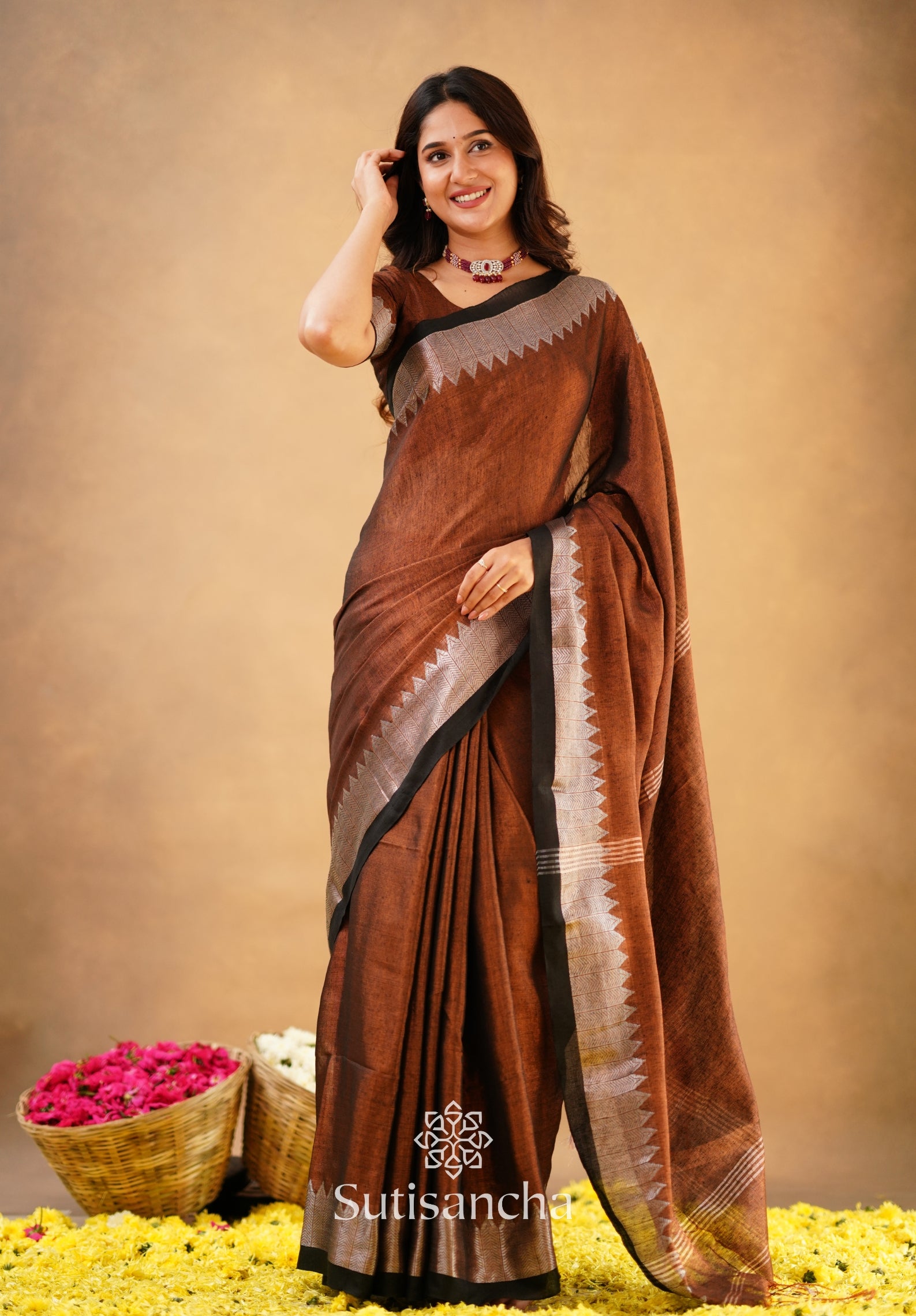 Sutisancha Copper Handloom Cotton Designer Tissue Saree