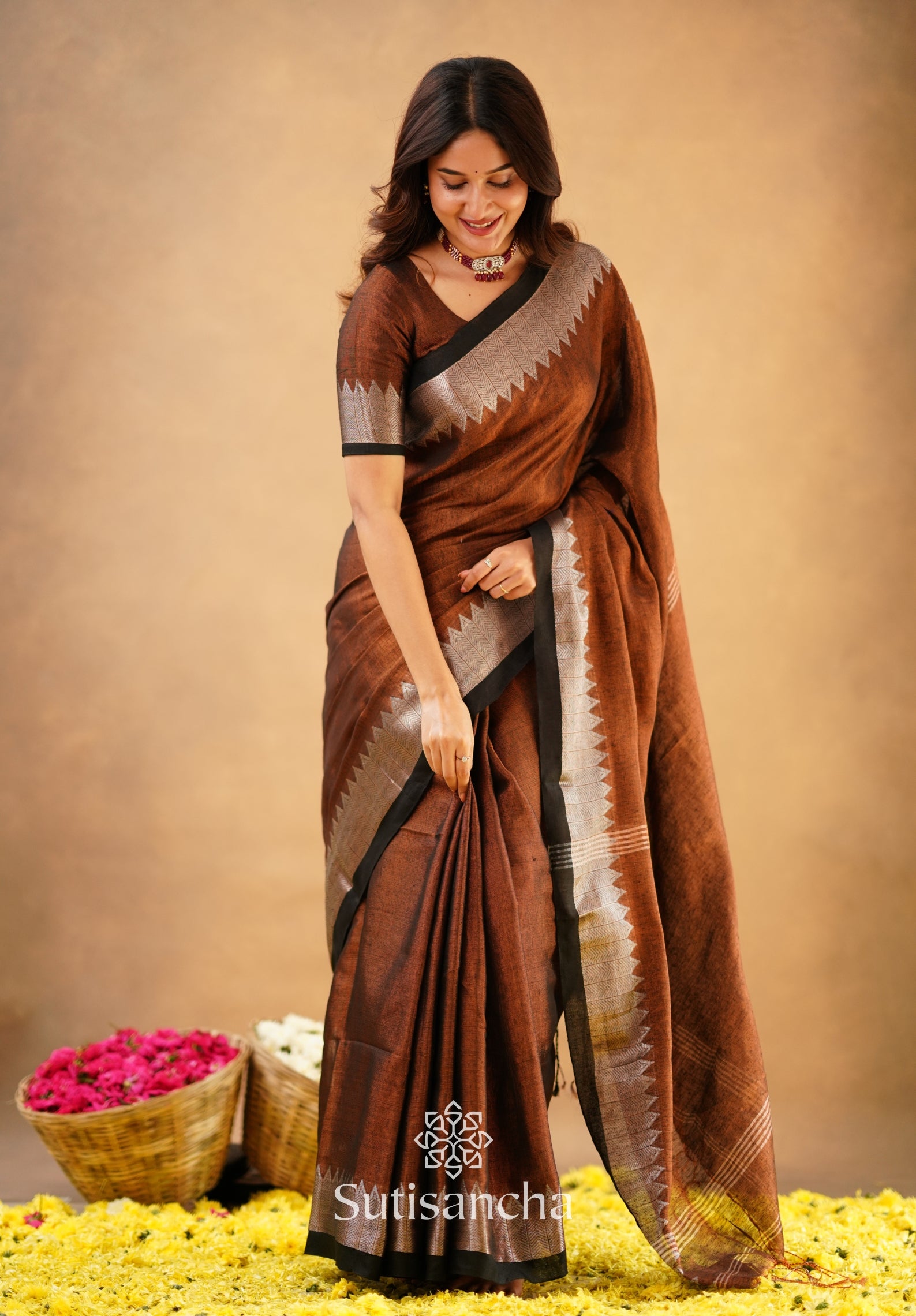 Sutisancha Copper Handloom Cotton Designer Tissue Saree