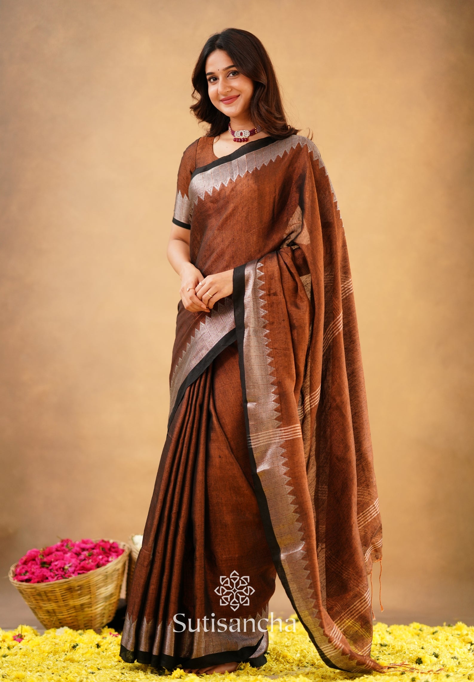 Sutisancha Copper Handloom Cotton Designer Tissue Saree
