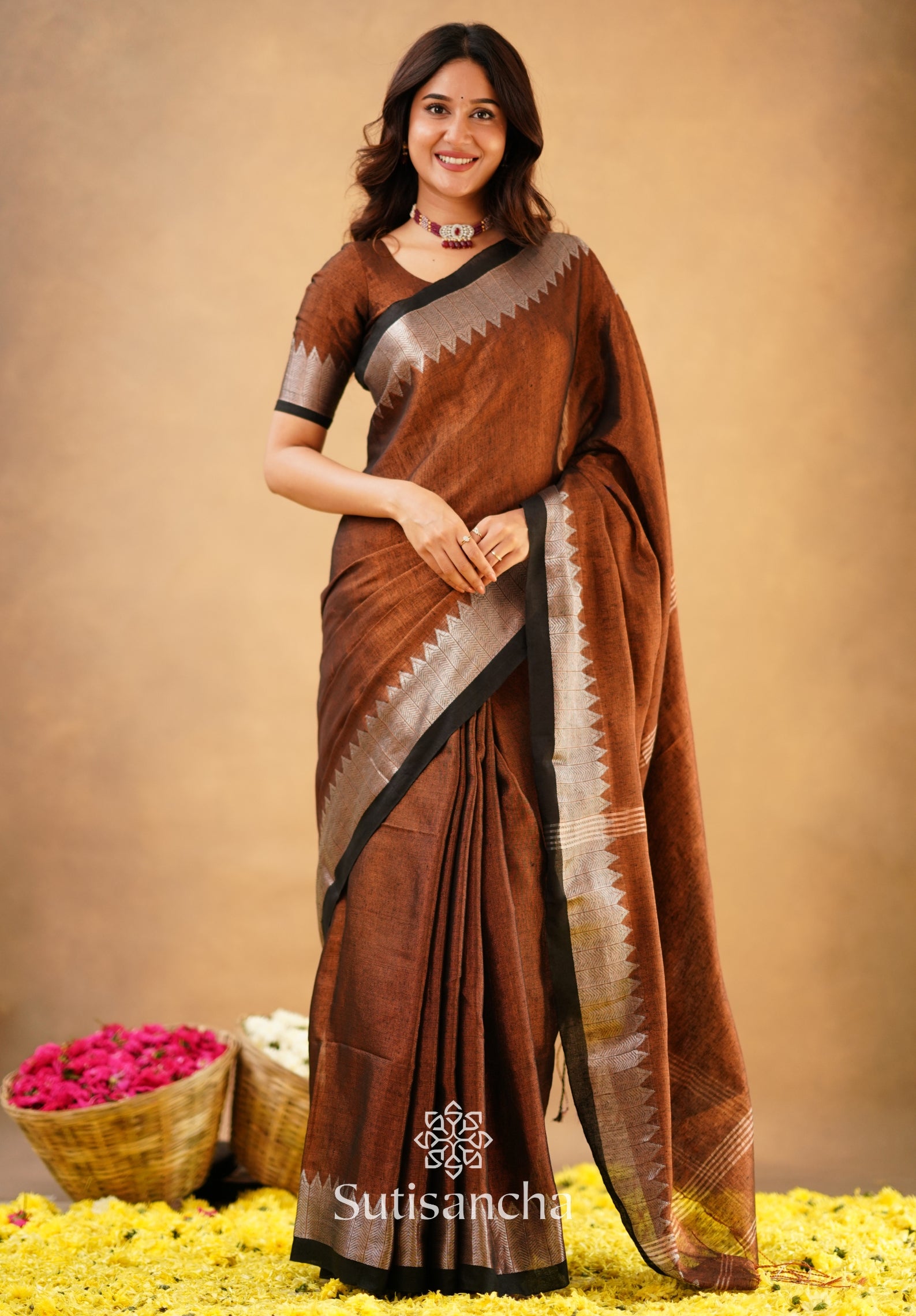 Sutisancha Copper Handloom Cotton Designer Tissue Saree