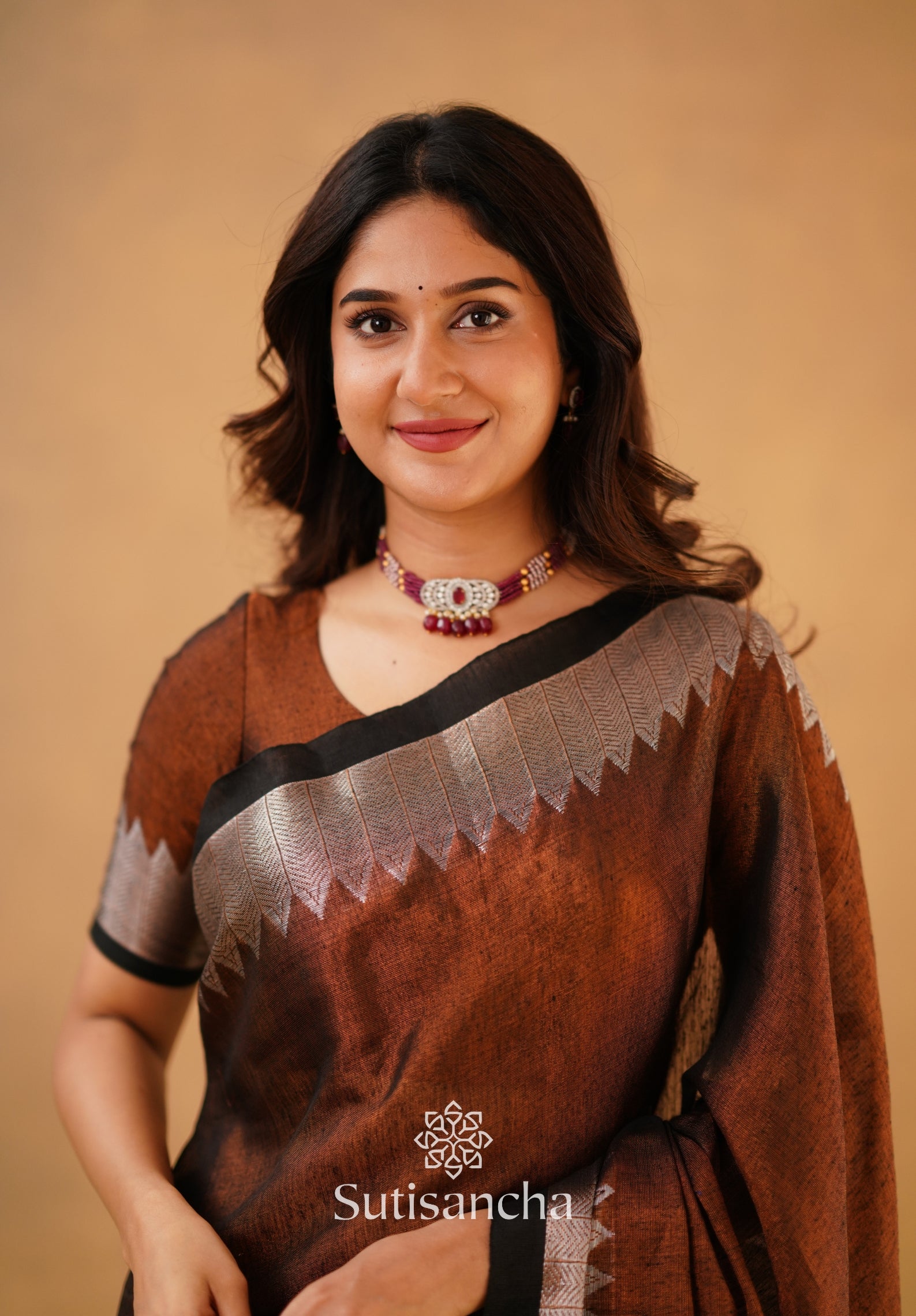 Sutisancha Copper Handloom Cotton Designer Tissue Saree