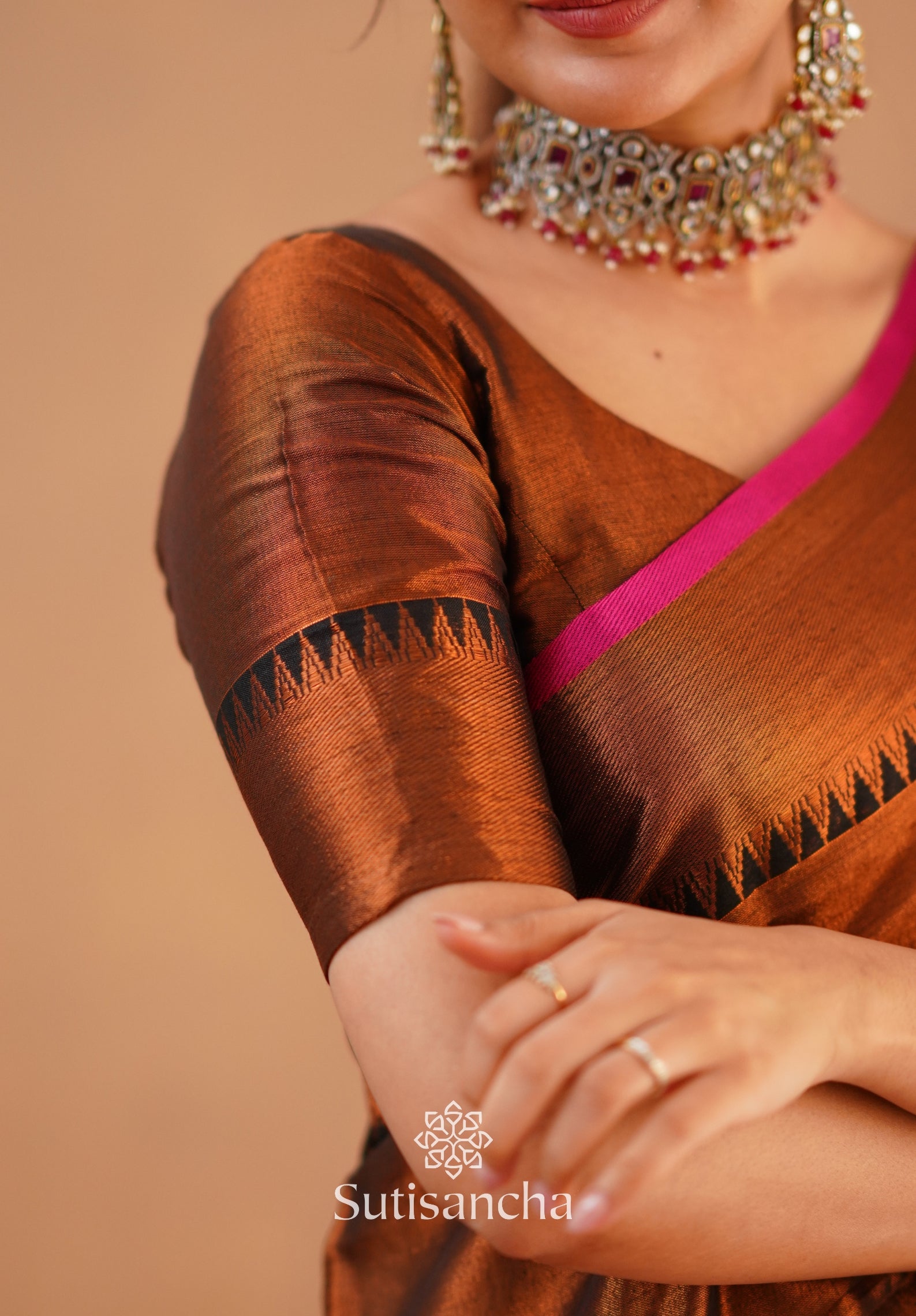 Sutisancha Copper Handloom Cotton Tissue Saree