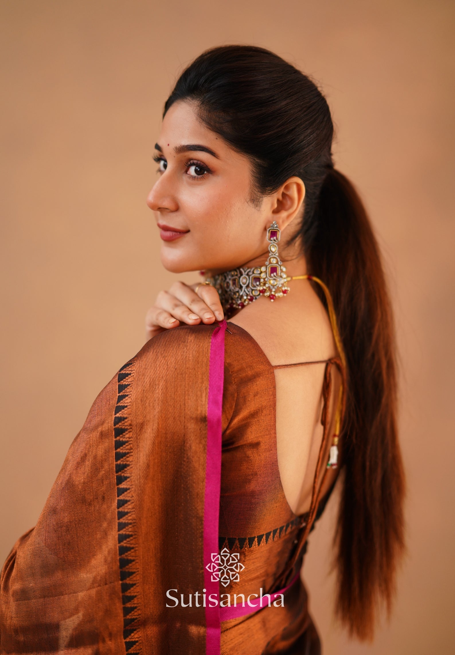 Sutisancha Copper Handloom Cotton Tissue Saree