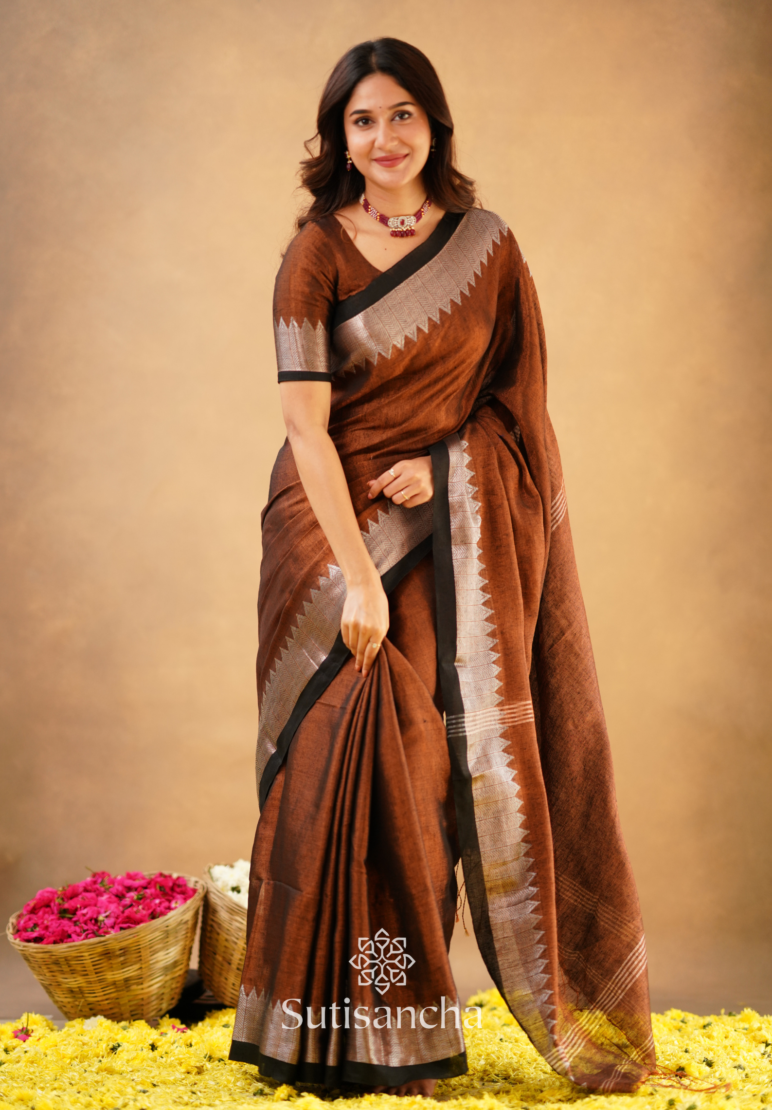 Sutisancha Copper Handloom Cotton Designer Tissue Saree