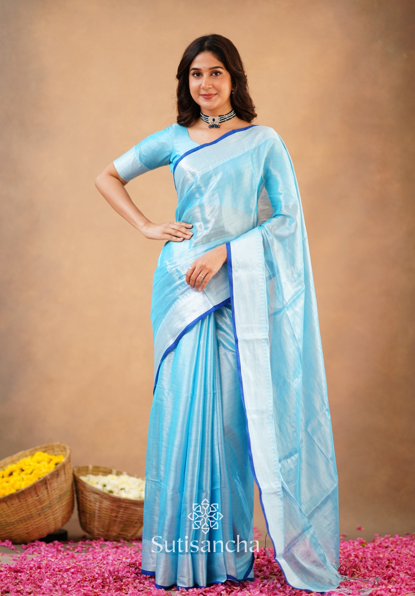Sutisancha Aqua Blue Handloom Cotton Tissue Saree