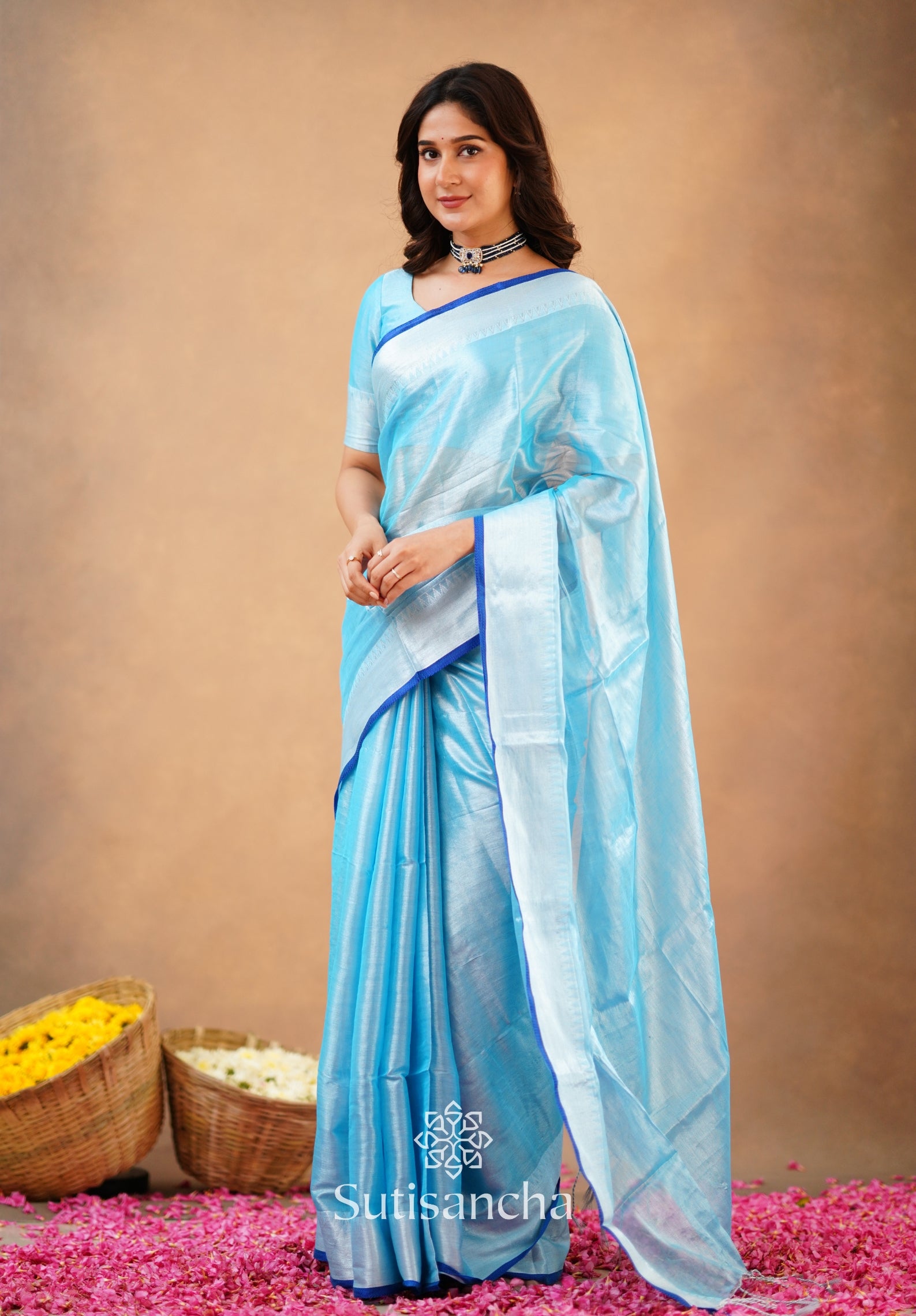 Sutisancha Aqua Blue Handloom Cotton Tissue Saree