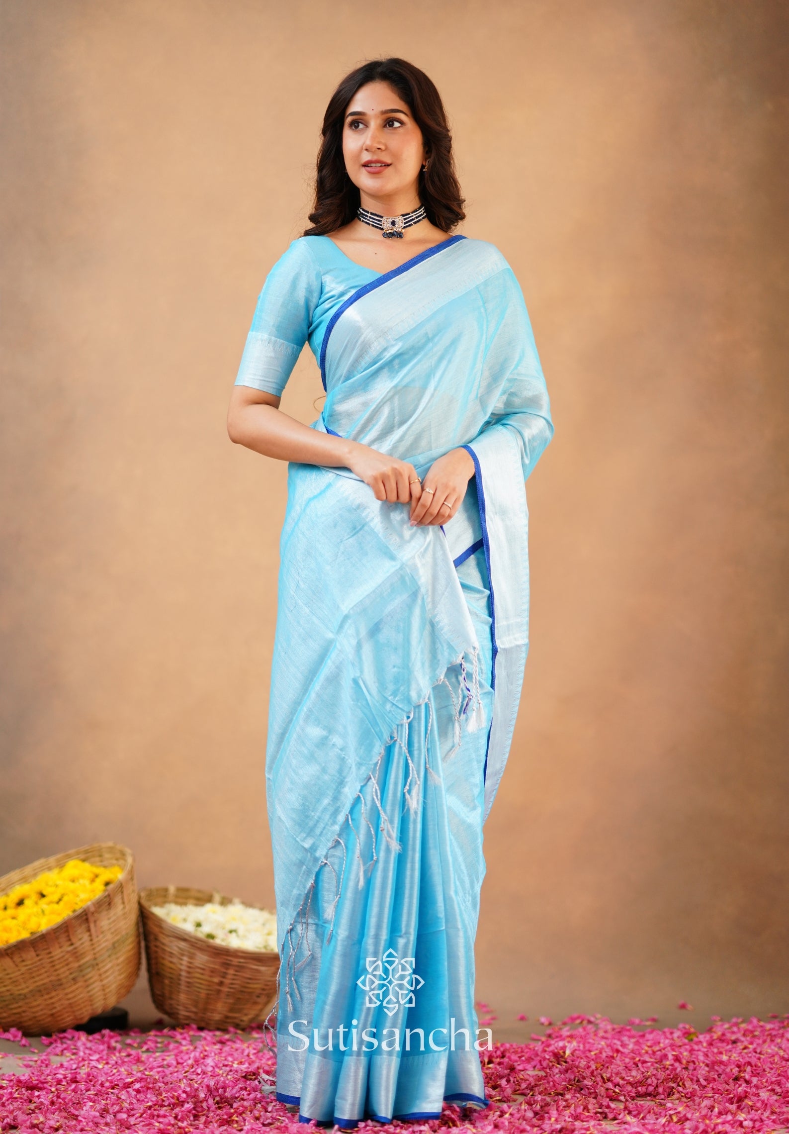 Sutisancha Aqua Blue Handloom Cotton Tissue Saree
