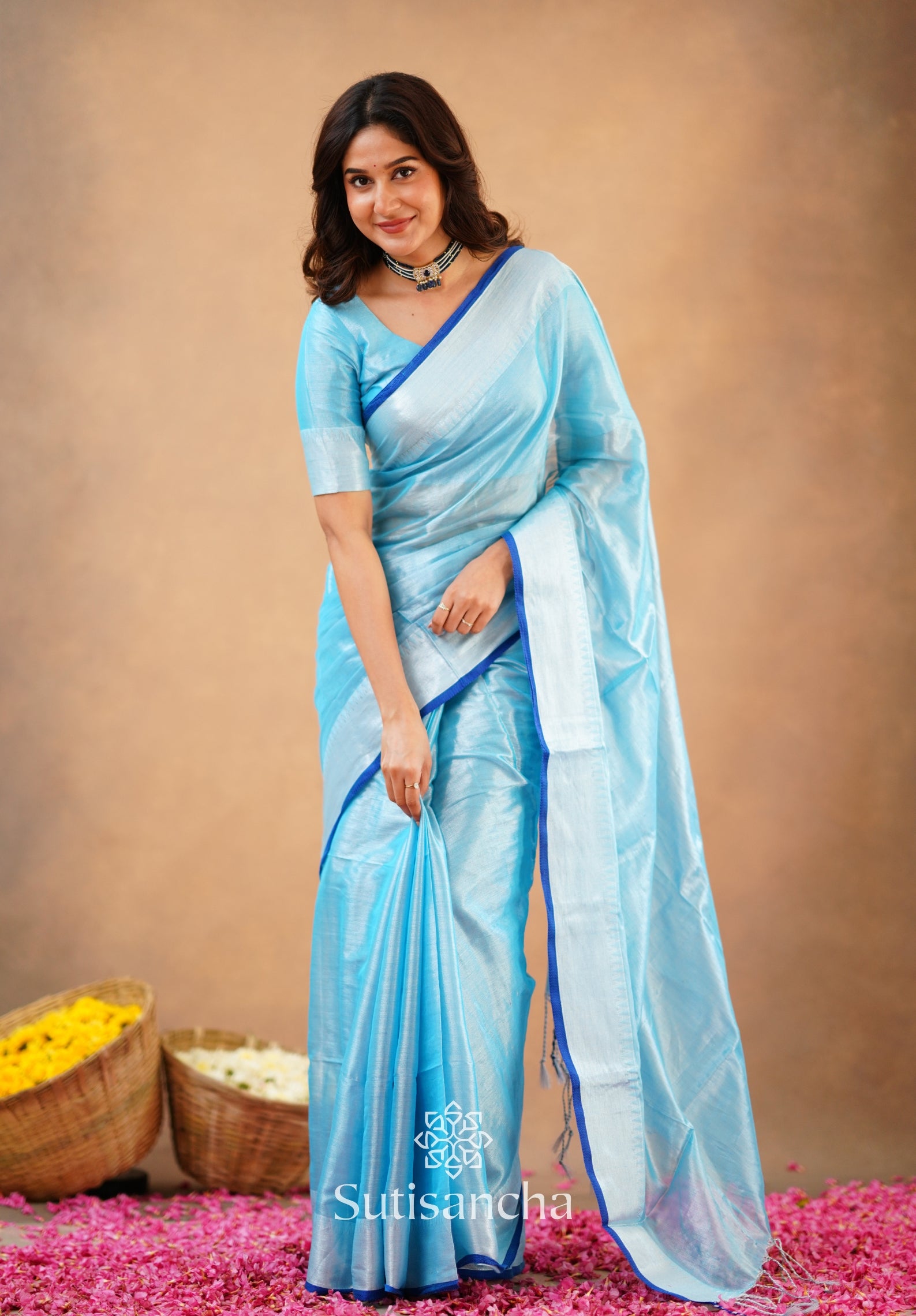 Sutisancha Aqua Blue Handloom Cotton Tissue Saree