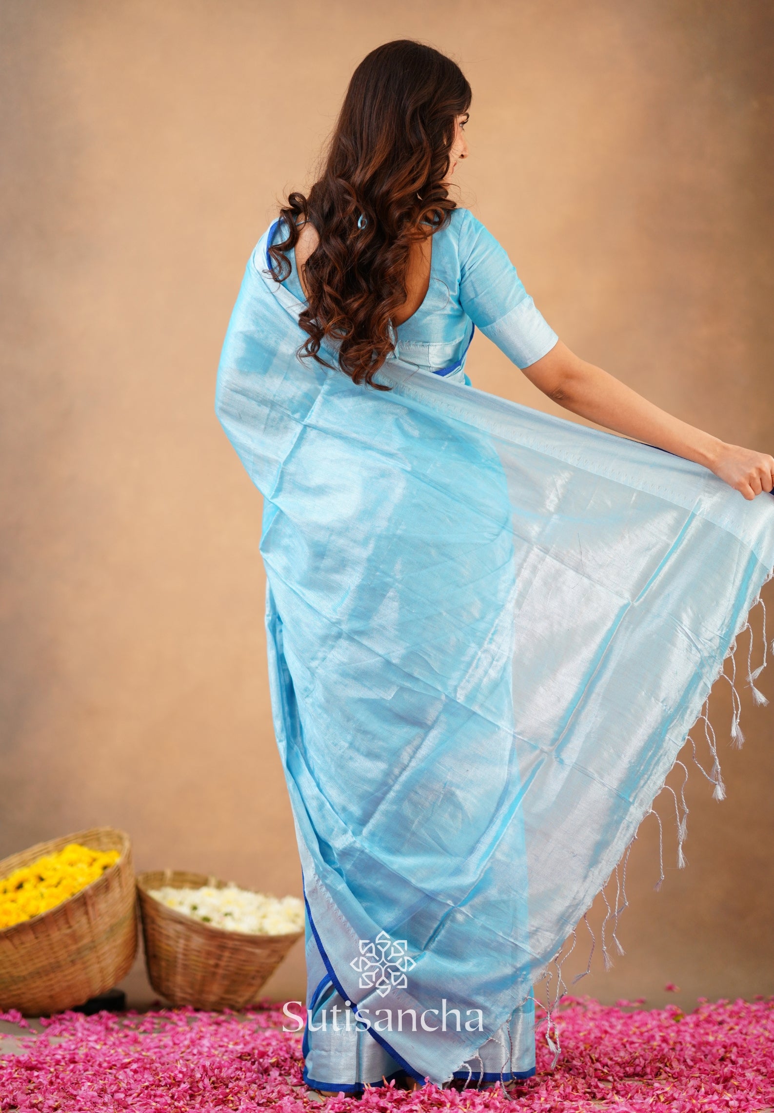 Sutisancha Aqua Blue Handloom Cotton Tissue Saree