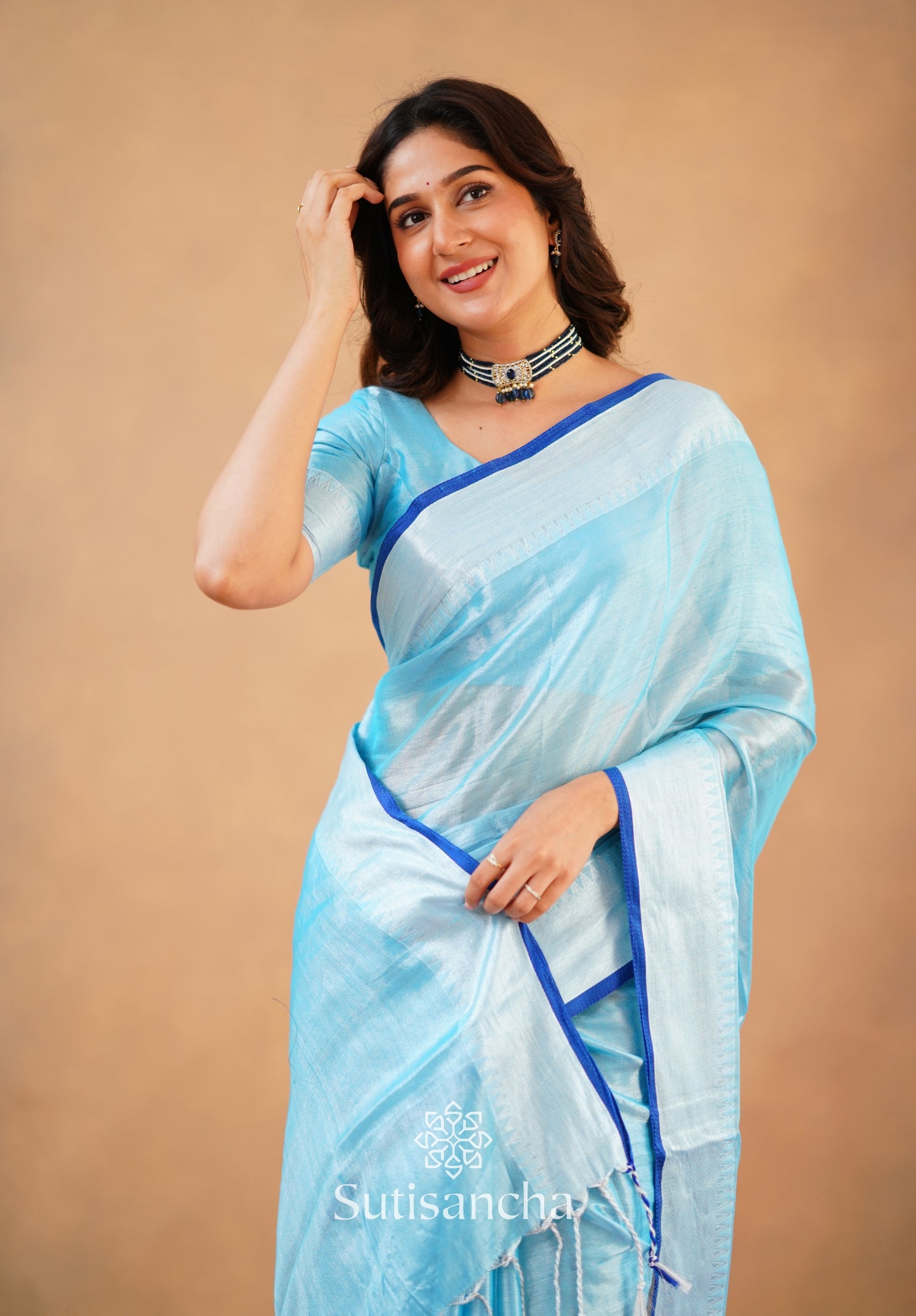 Sutisancha Aqua Blue Handloom Cotton Tissue Saree
