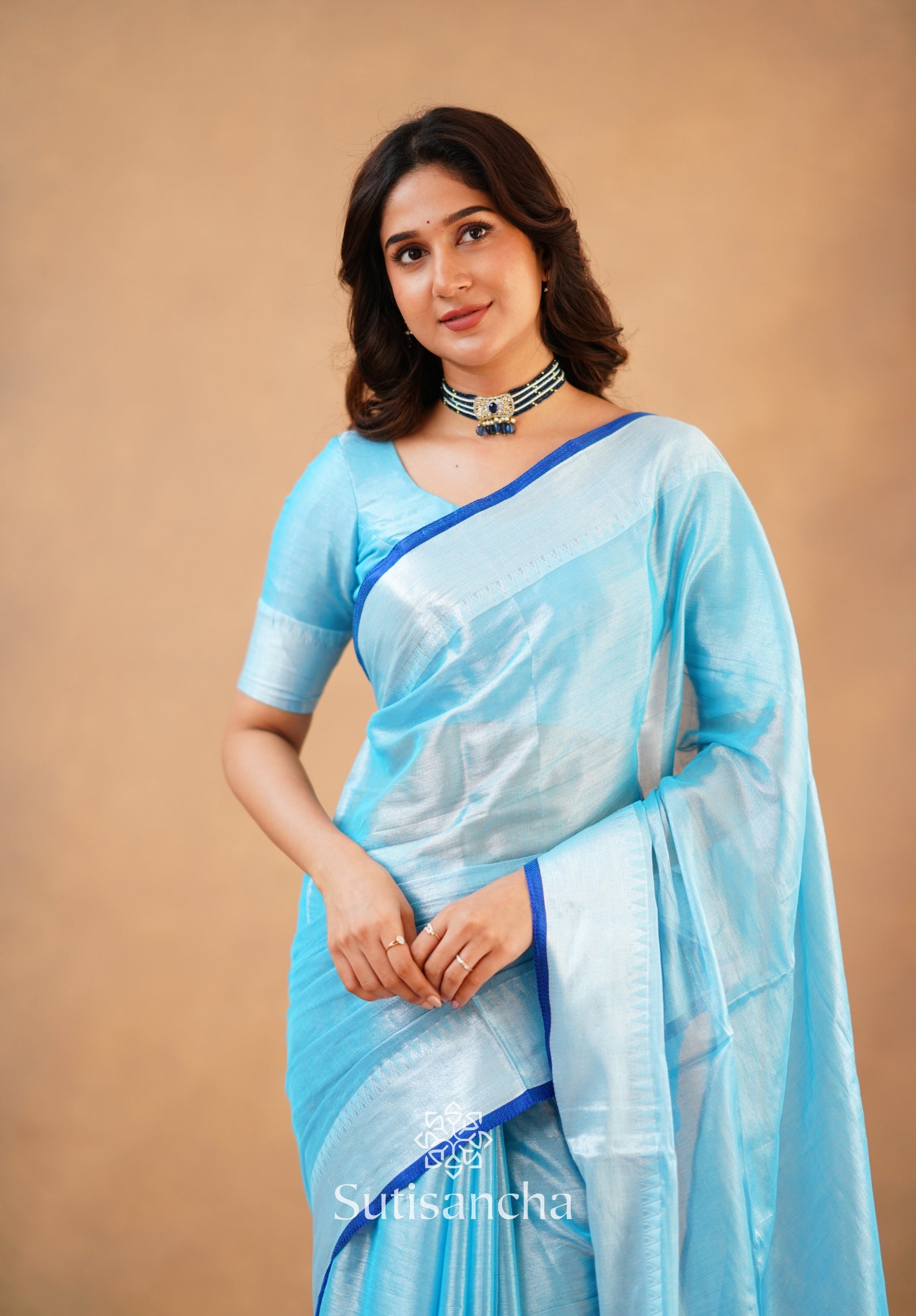 Sutisancha Aqua Blue Handloom Cotton Tissue Saree
