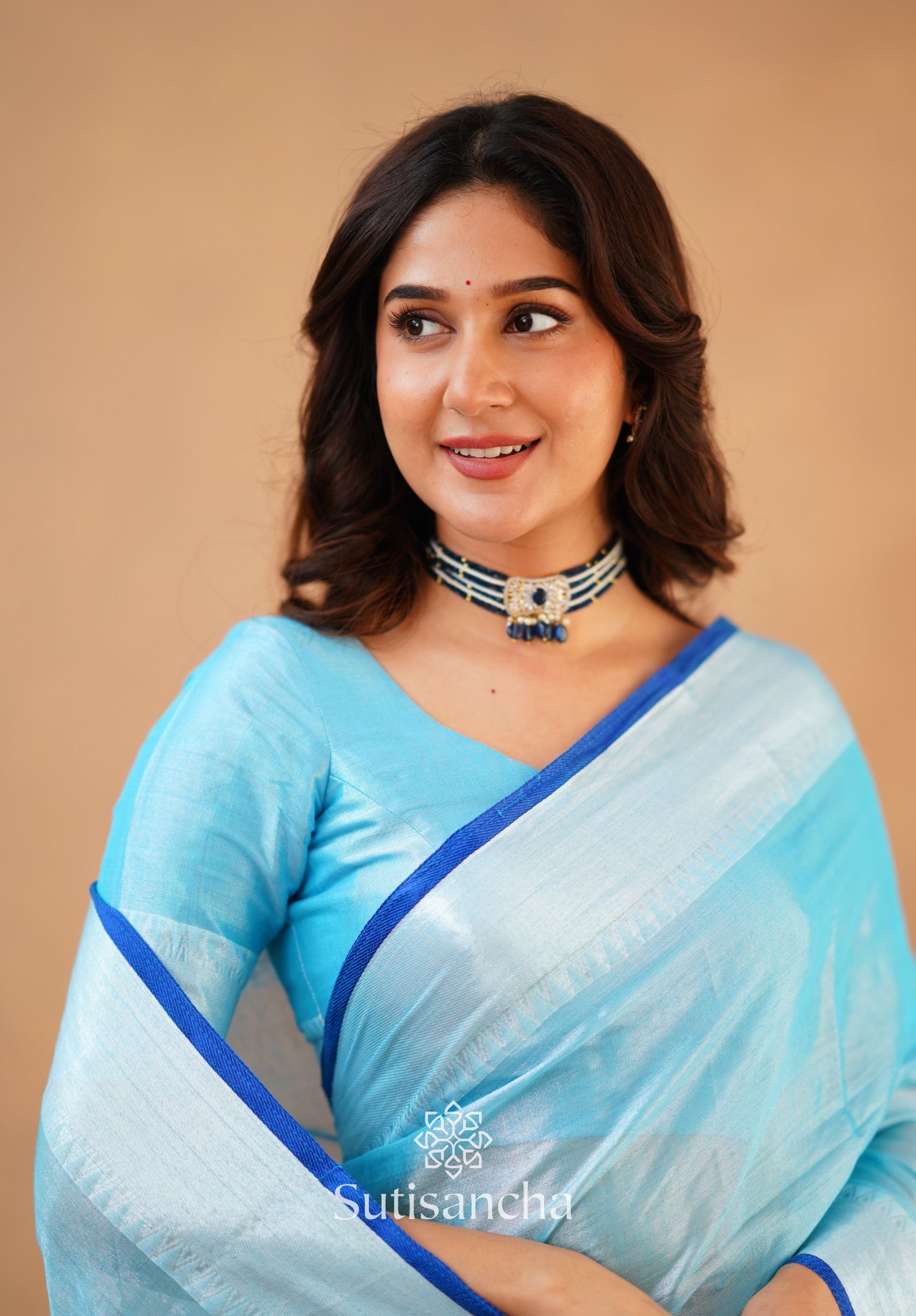 Sutisancha Aqua Blue Handloom Cotton Tissue Saree