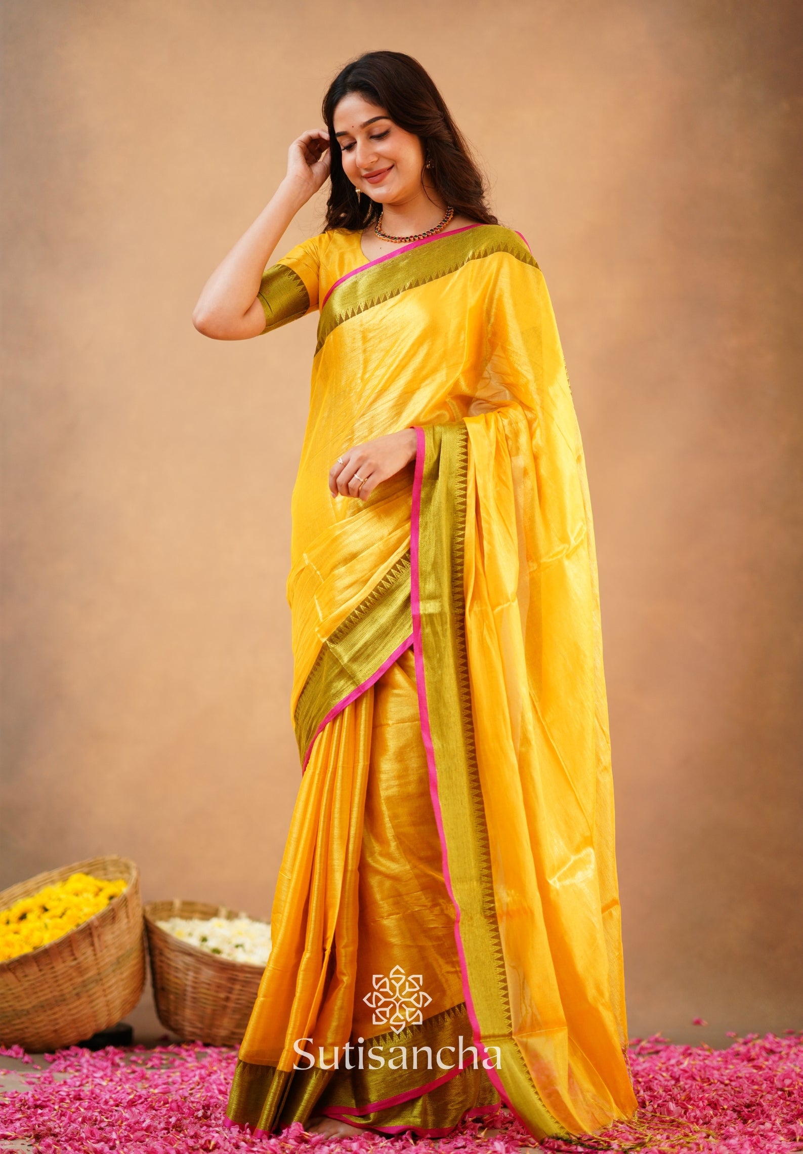 Sutisancha Yellow Handloom Cotton Tissue Saree
