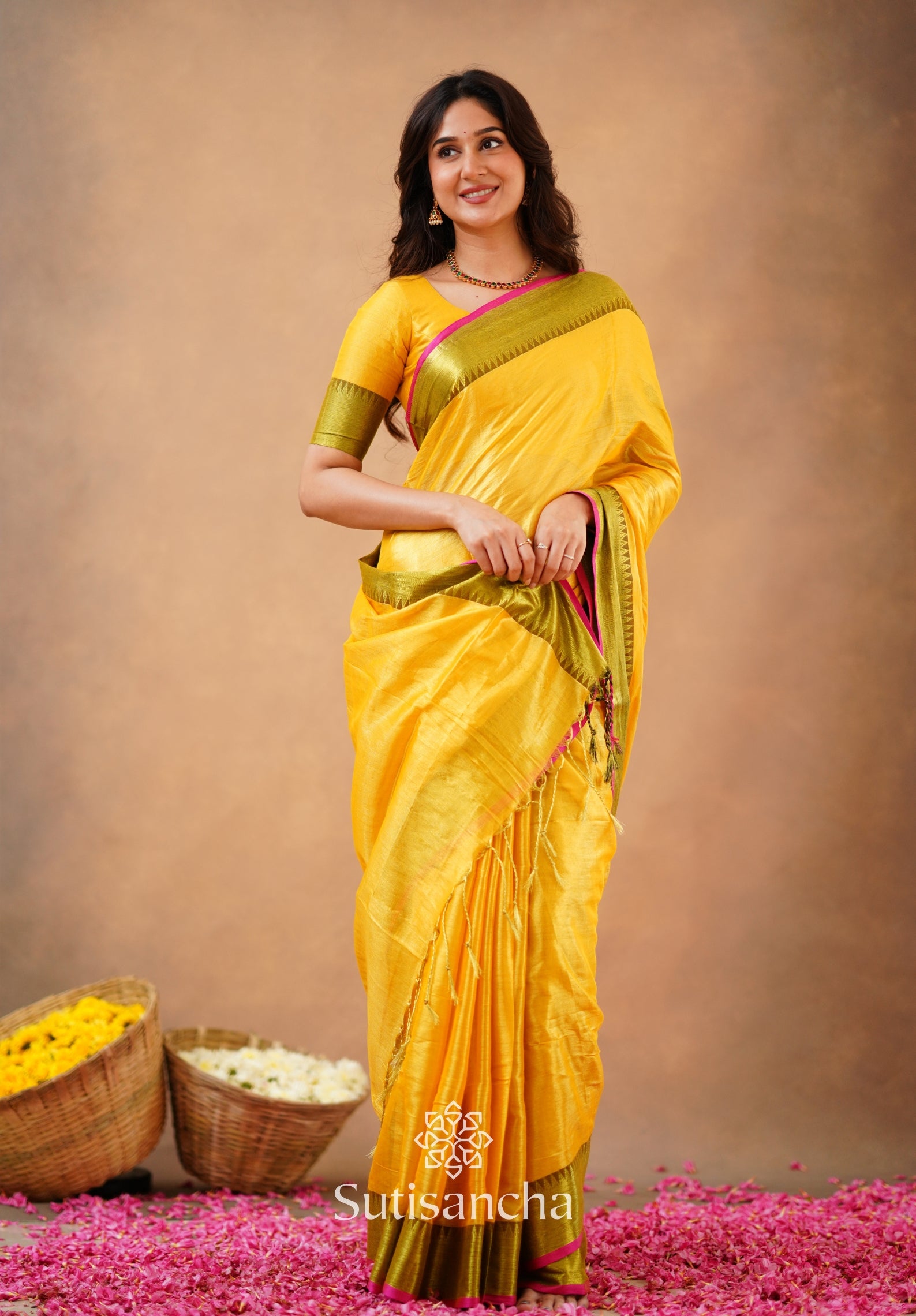 Sutisancha Yellow Handloom Cotton Tissue Saree