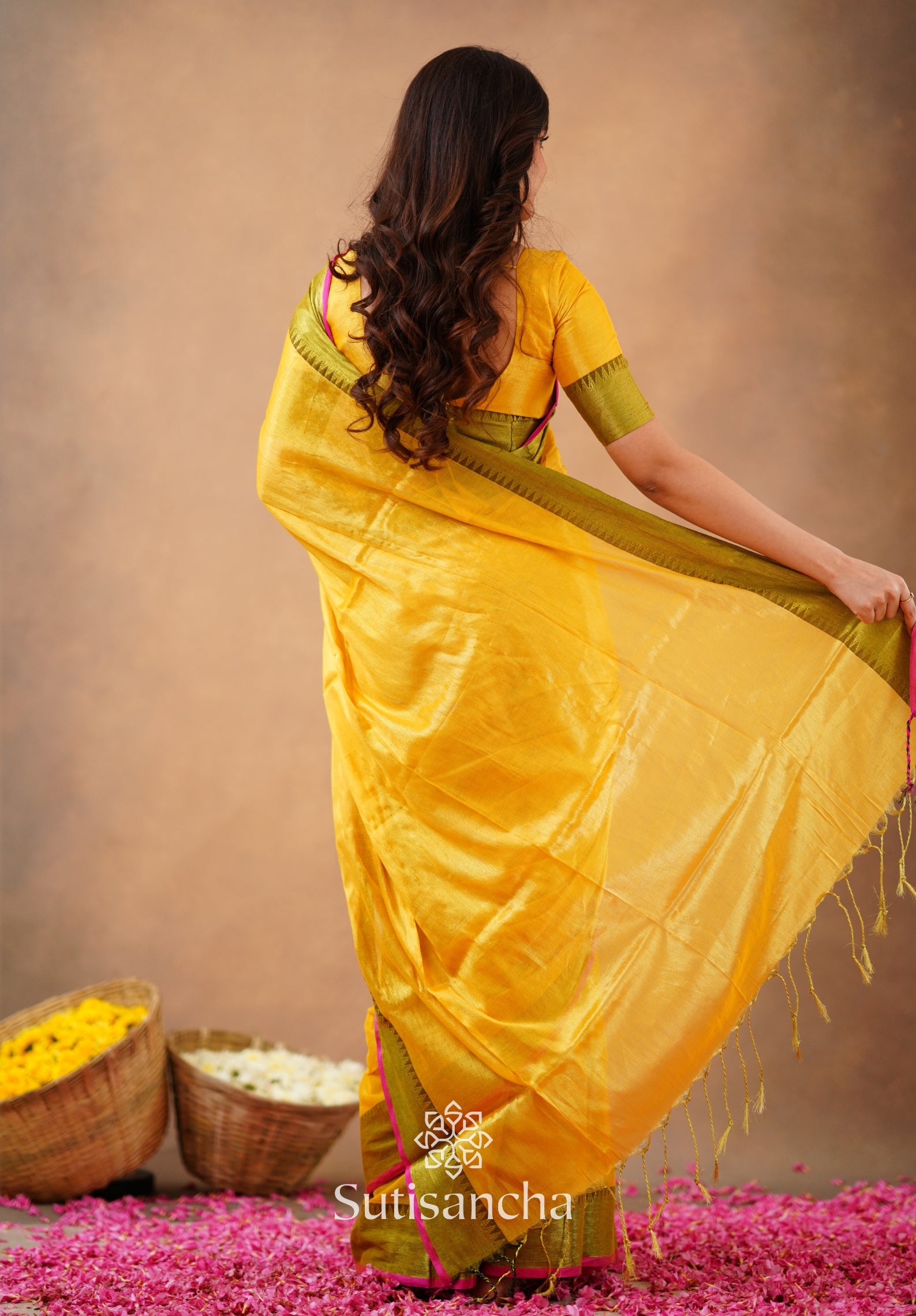 Sutisancha Yellow Handloom Cotton Tissue Saree