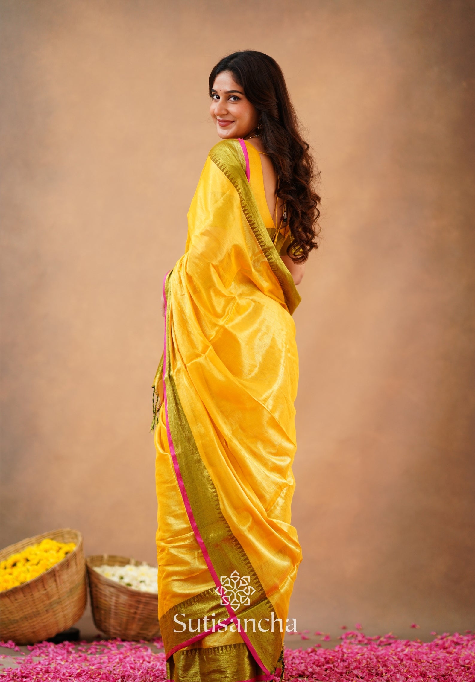 Sutisancha Yellow Handloom Cotton Tissue Saree
