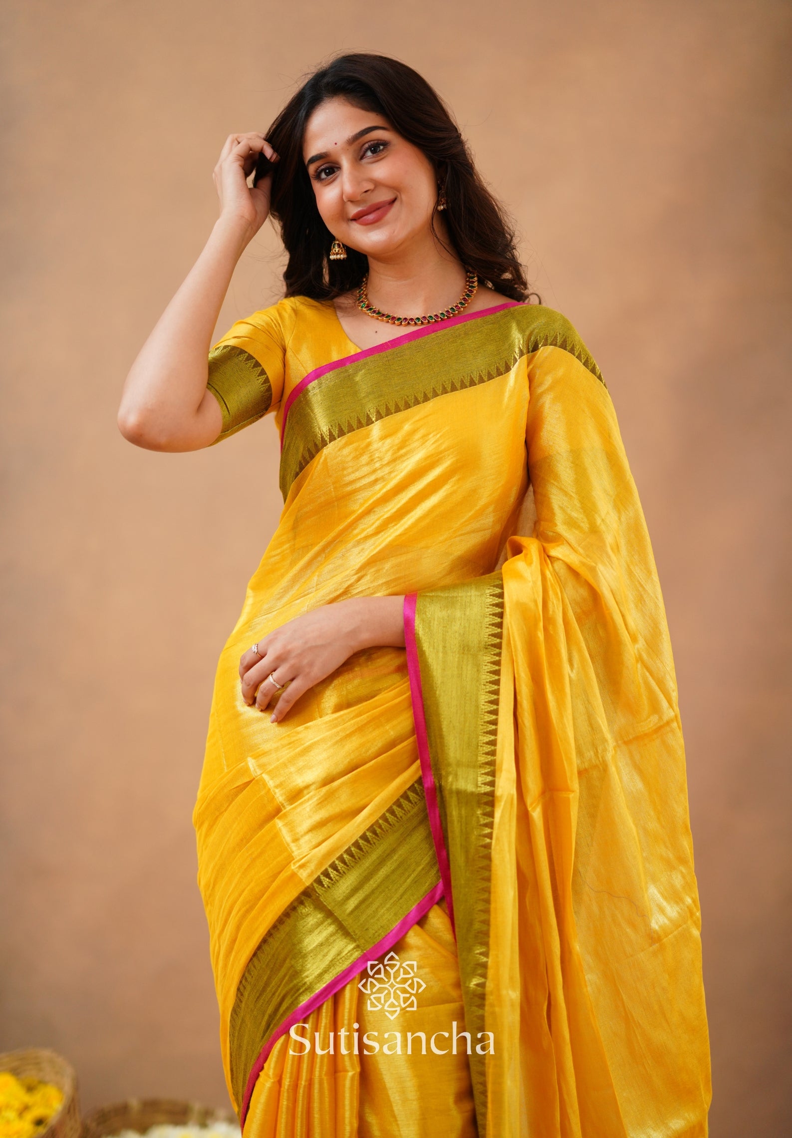 Sutisancha Yellow Handloom Cotton Tissue Saree