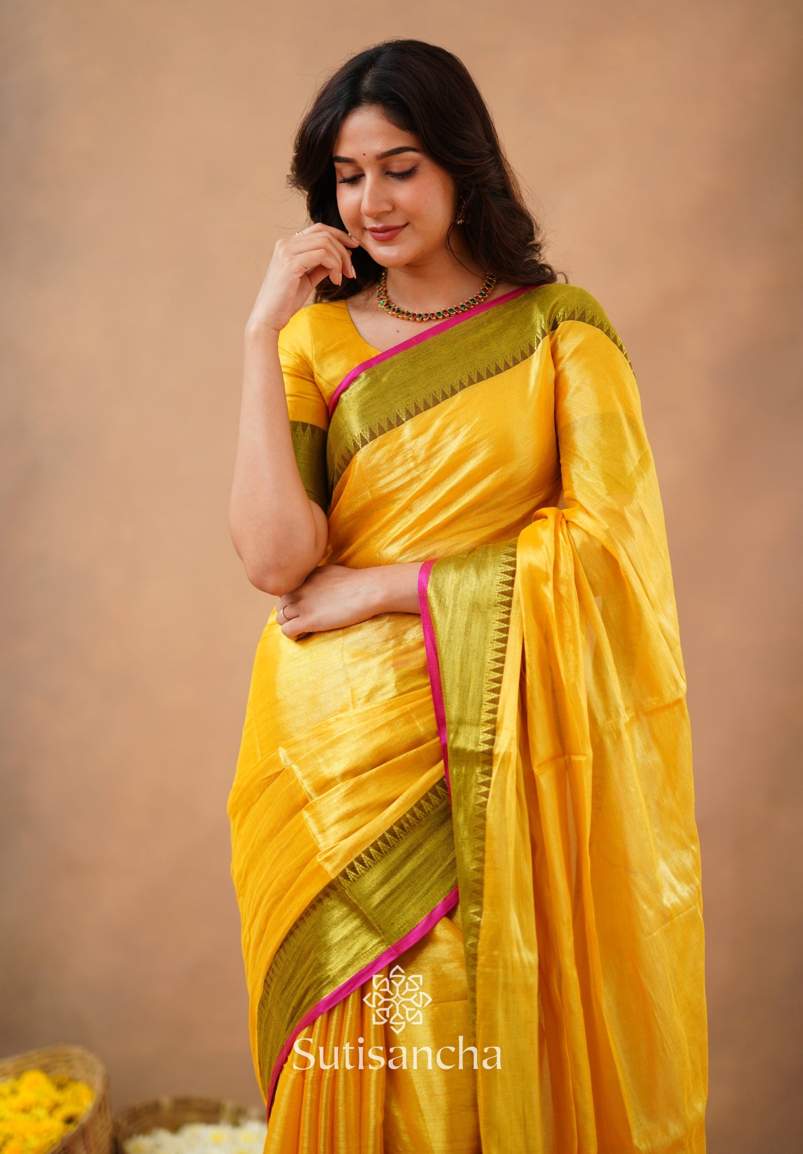 Sutisancha Yellow Handloom Cotton Tissue Saree